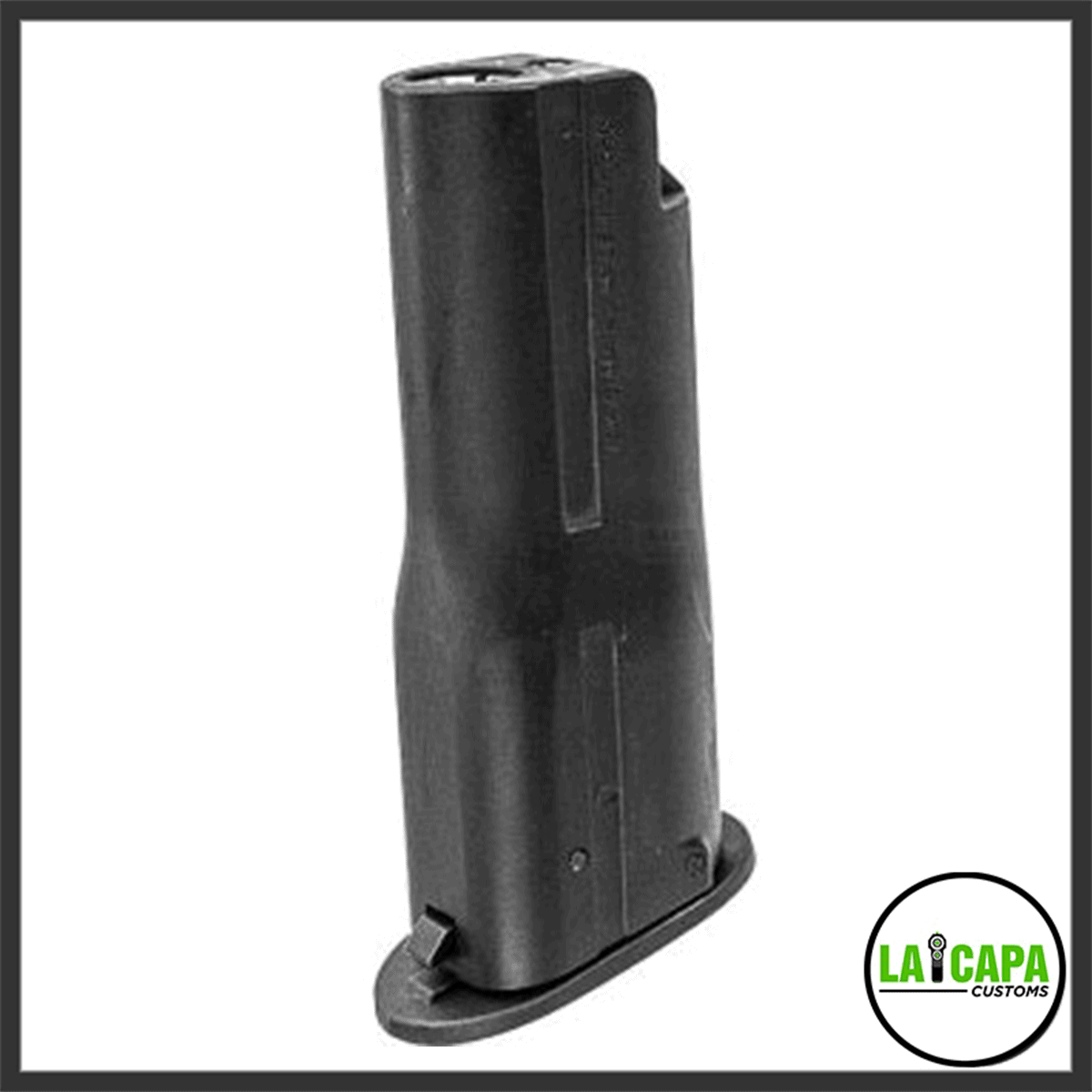 Tokyo Marui M870 Breacher gas tank in black, shown upright at a slight angle revealing the feed lip and base plate.