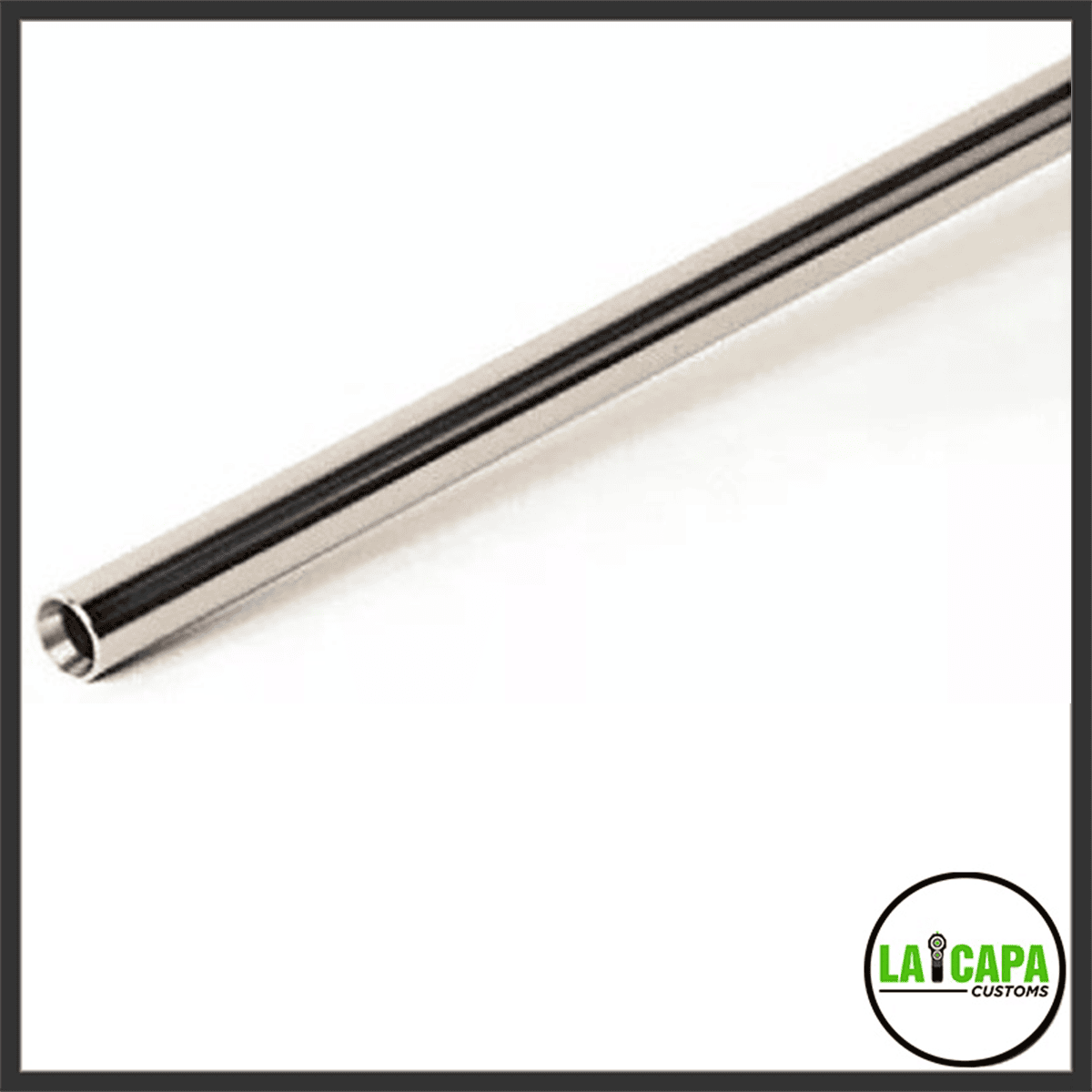 Tokyo Marui 303mm 6.03mm inner barrel for the VSR-10 G-Spec, showing the polished steel tube and open muzzle end at close range.