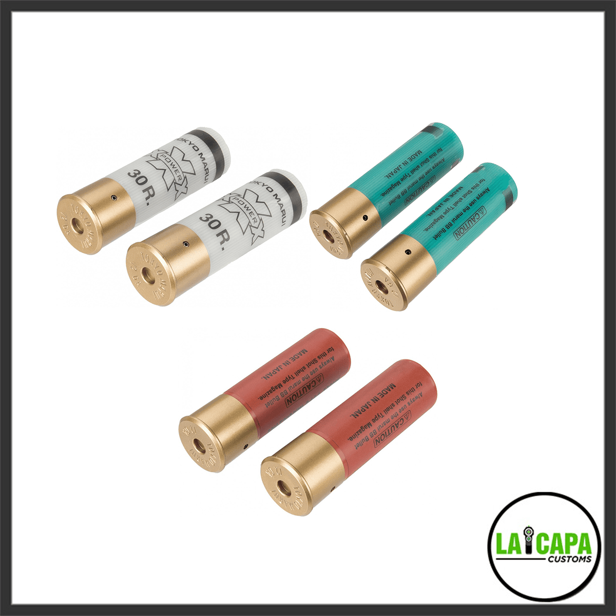 Six Tokyo Marui shotgun shell-type magazines grouped in pairs: two white 30-round shells, two teal shells and two red shells, all with brass bases.