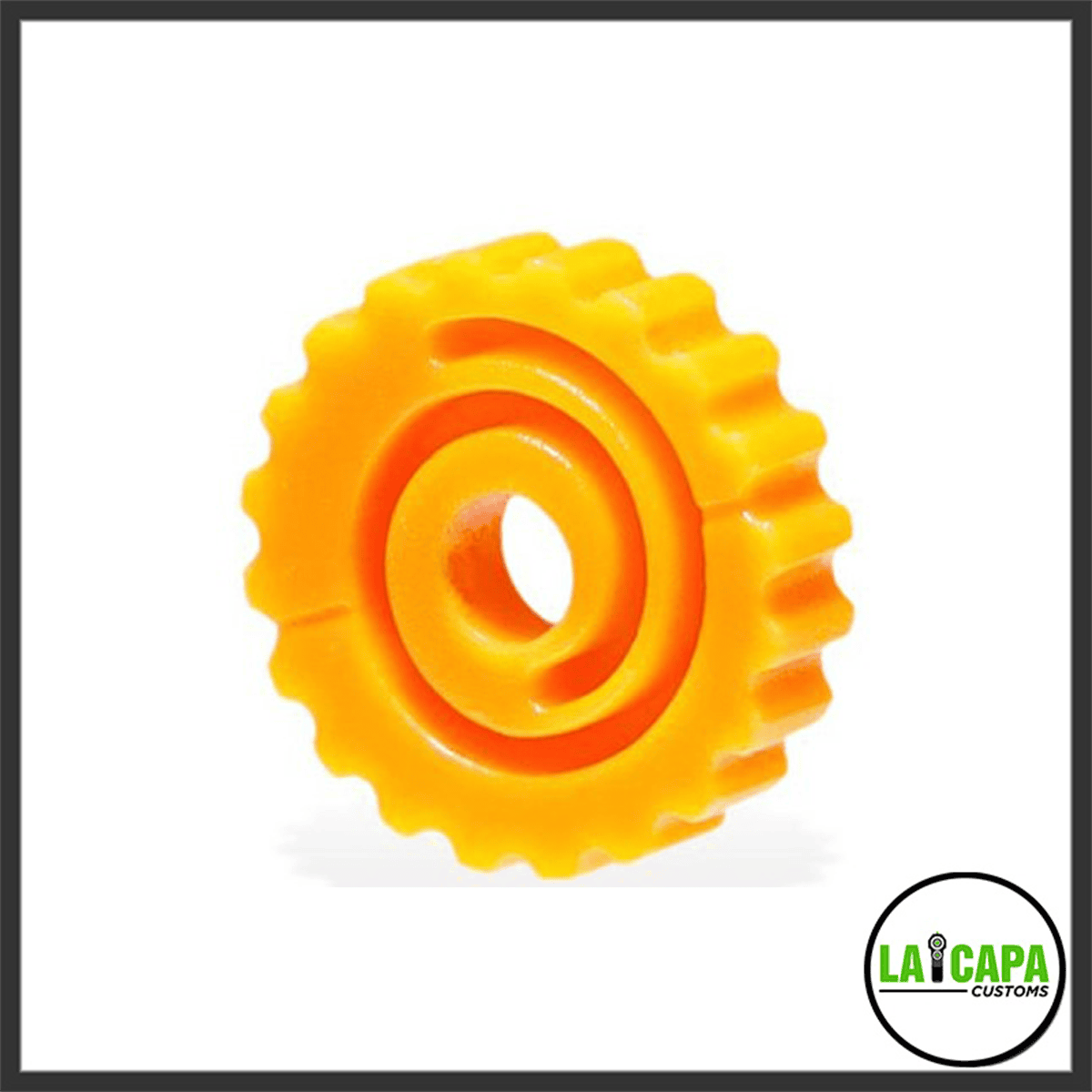 Orange serrated hop-up adjustment dial with a spiral inner face and centre hole, shown at a slight angle.