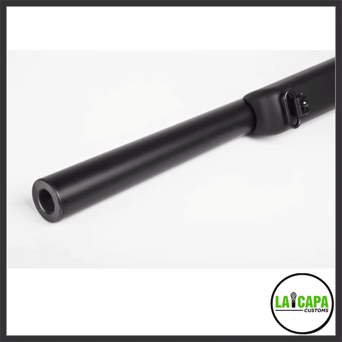 Close-up of the Tokyo Marui VSR-10 G-Spec outer barrel muzzle end, showing the threaded tip and sling swivel stud.