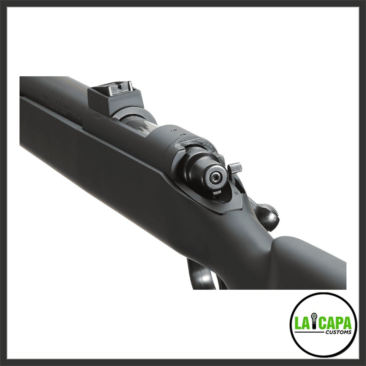Close-up of the Tokyo Marui VSR-10 Pro bolt action and rear sight, showing the bolt handle and safety lever detail.