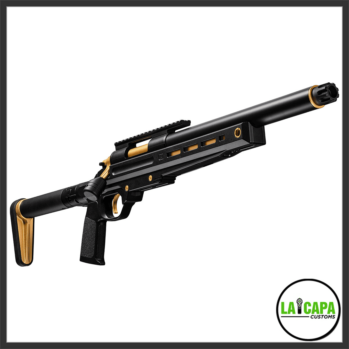 Tokyo Marui VSR-ONE Gold Match airsoft sniper rifle from a front three-quarter angle, highlighting the gold muzzle device, slotted chassis, and gold-accented folding stock.