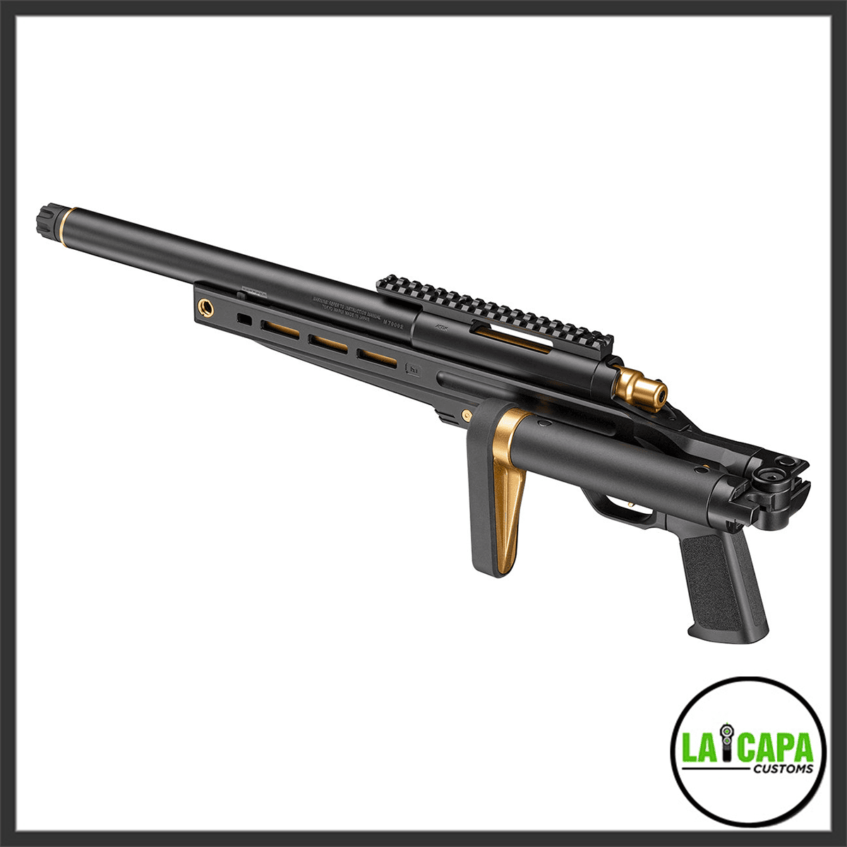 Tokyo Marui VSR-ONE Gold Match airsoft sniper rifle in black with gold-accented chassis, bipod stud, and top optic rail, shown from the left rear quarter angle.