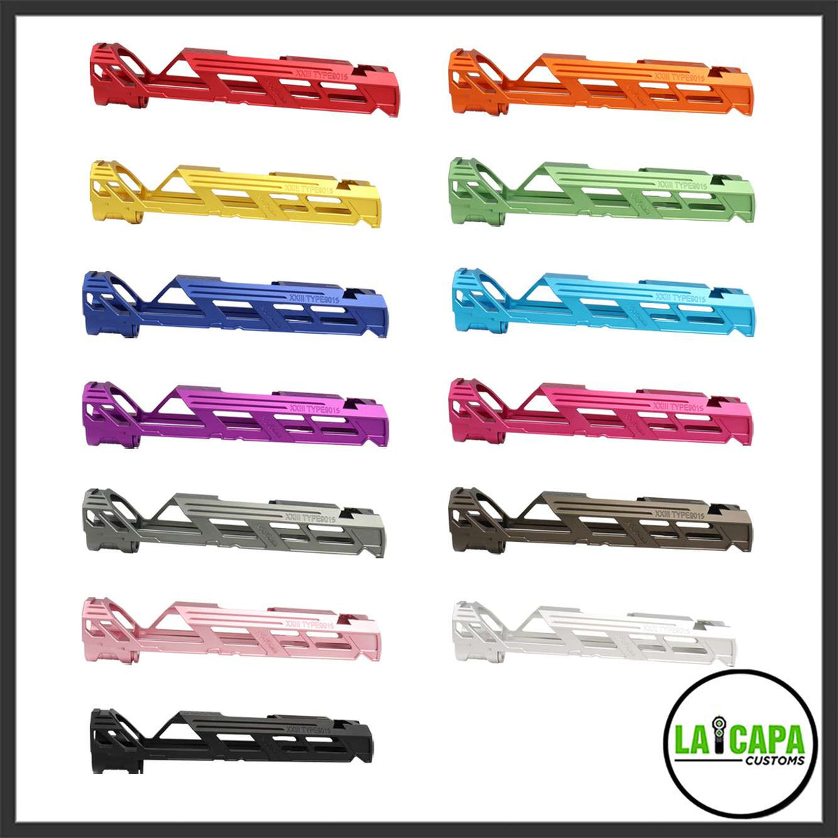 XXIII Type 9015 skeletonised pistol slides shown in all available colours: red, orange, yellow, green, blue, cyan, purple, pink, grey, tan, rose pink, silver, and black.