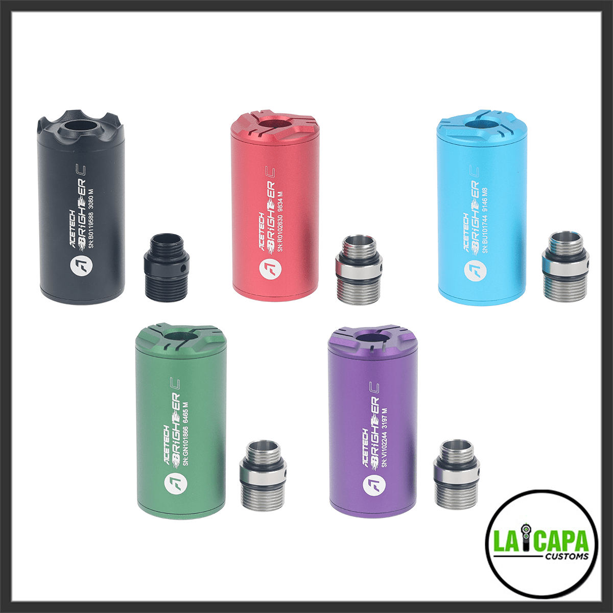 Acetech Brighter C tracer units in all five colour options, black, red, blue, green and purple, each shown with its threaded adapter alongside.