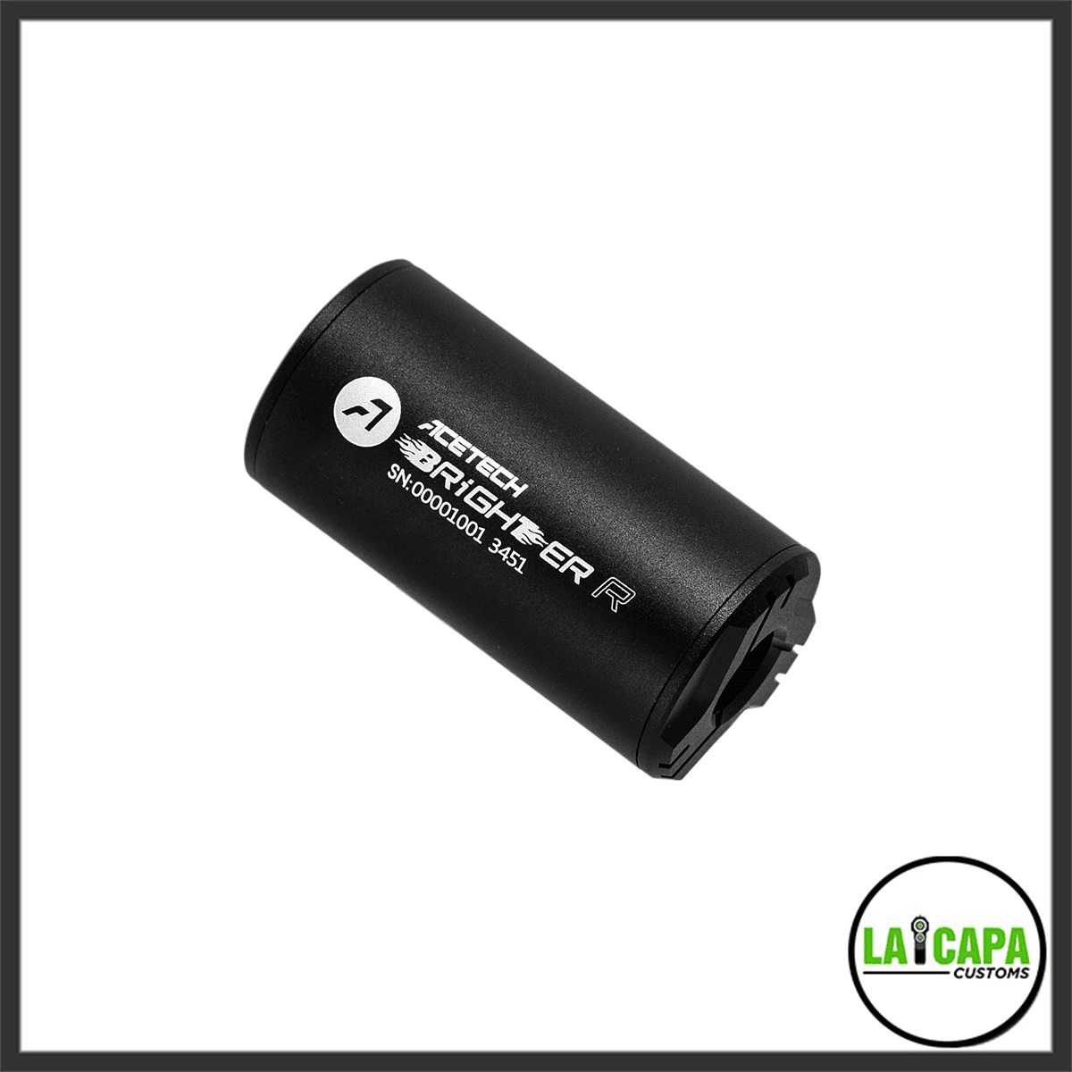 Acetech Brighter R tracer unit in matte black, angled view showing the branded label and threaded mount end.