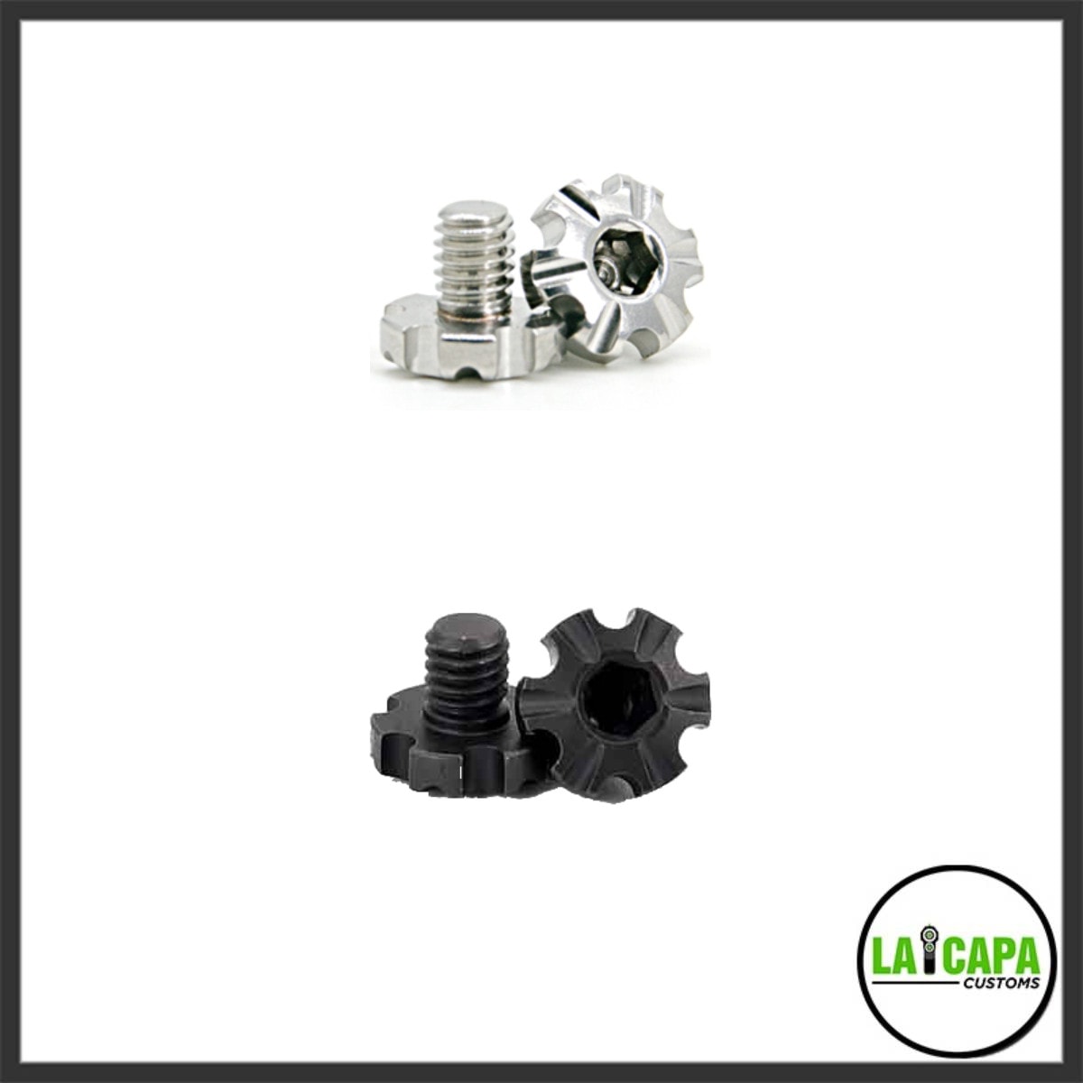 AIP CNC grip screws for Hi-Capa shown in two colour variants, silver above and black below, each with a star-pattern head.