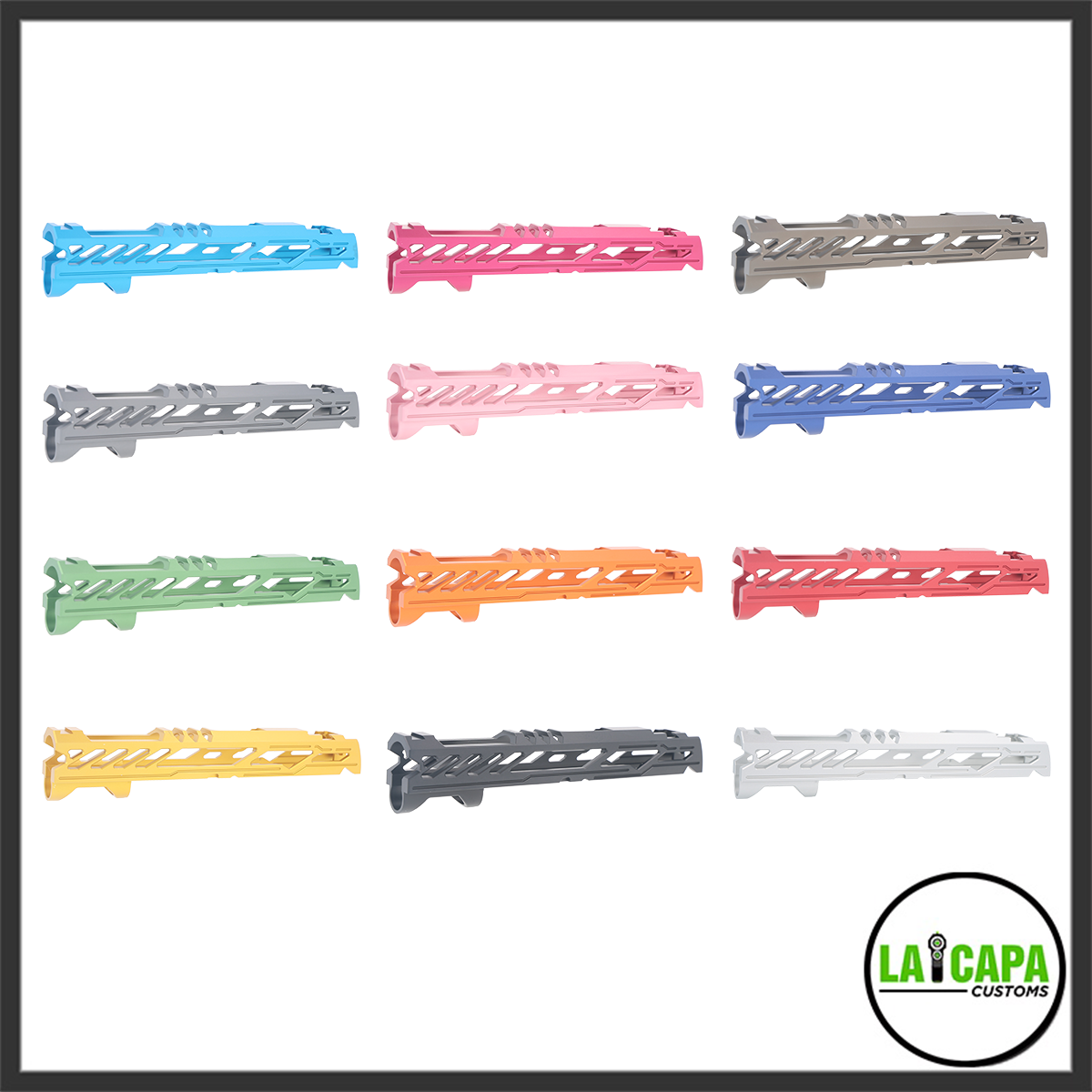 AIP steel outer barrel for Hi-Capa 5.1 shown in all twelve available anodized colours including blue, pink, grey, green, orange, red, yellow, dark grey and white.
