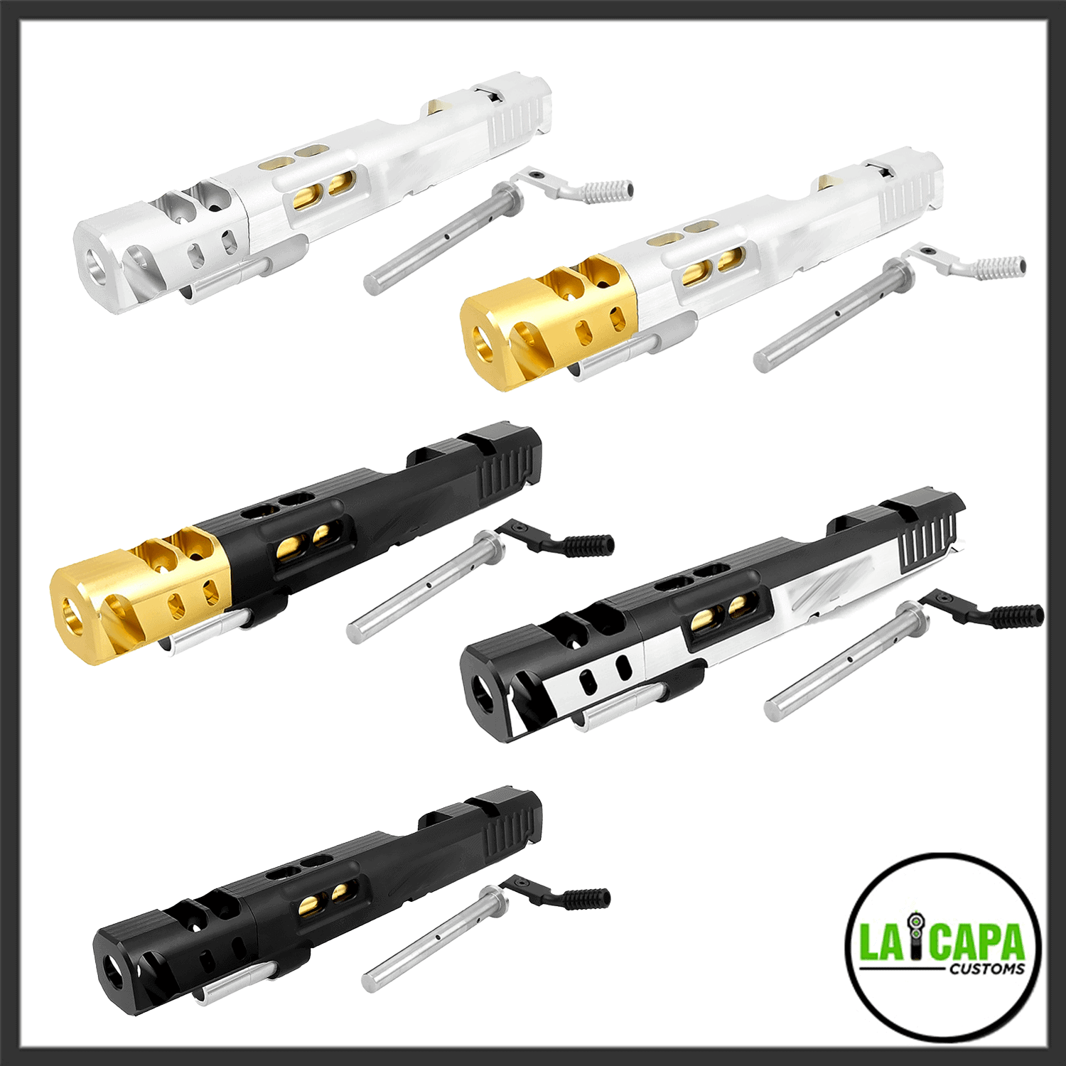 Airsoft Masterpiece S Style DVC Open 6-inch Hi-Capa slides shown in five color combinations: silver with gold compensator, silver with silver compensator, black with gold compensator, black with two-tone compensator, and all-black.
