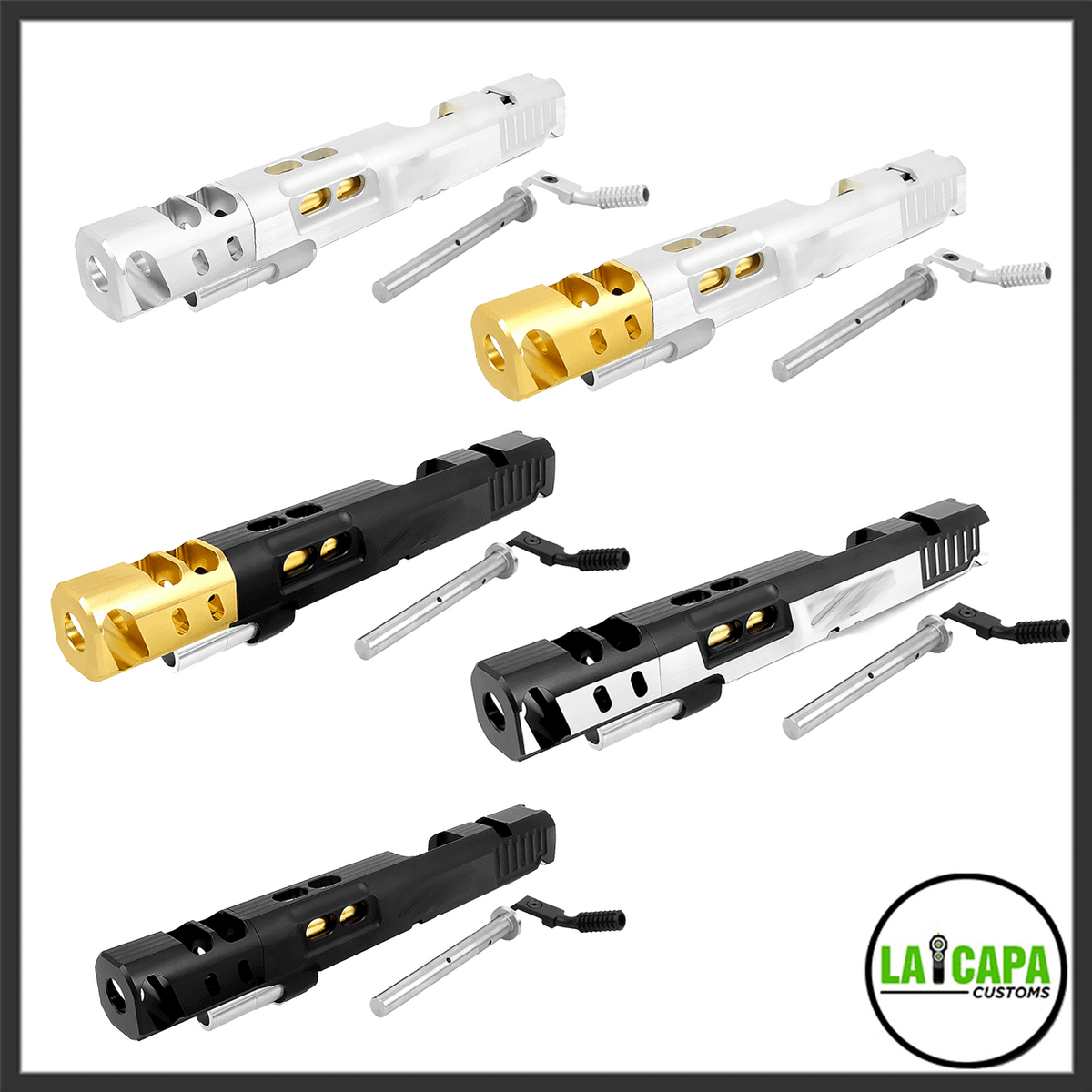 Airsoft Masterpiece S Style DVC Open 6-inch Hi-Capa slides shown in five color combinations: silver with gold compensator, silver with silver compensator, black with gold compensator, black with two-tone compensator, and all-black.