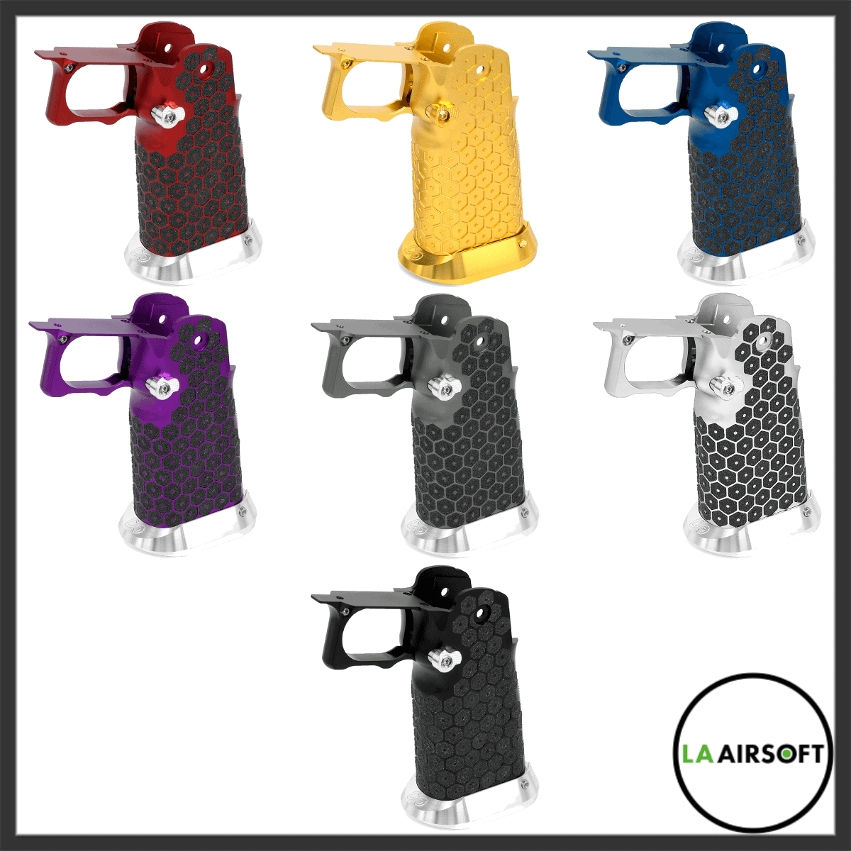 Airsoft Masterpiece Hi-Capa aluminum grip with honeycomb stippling shown in all seven colour options: red, gold, blue, purple, grey, silver and black.