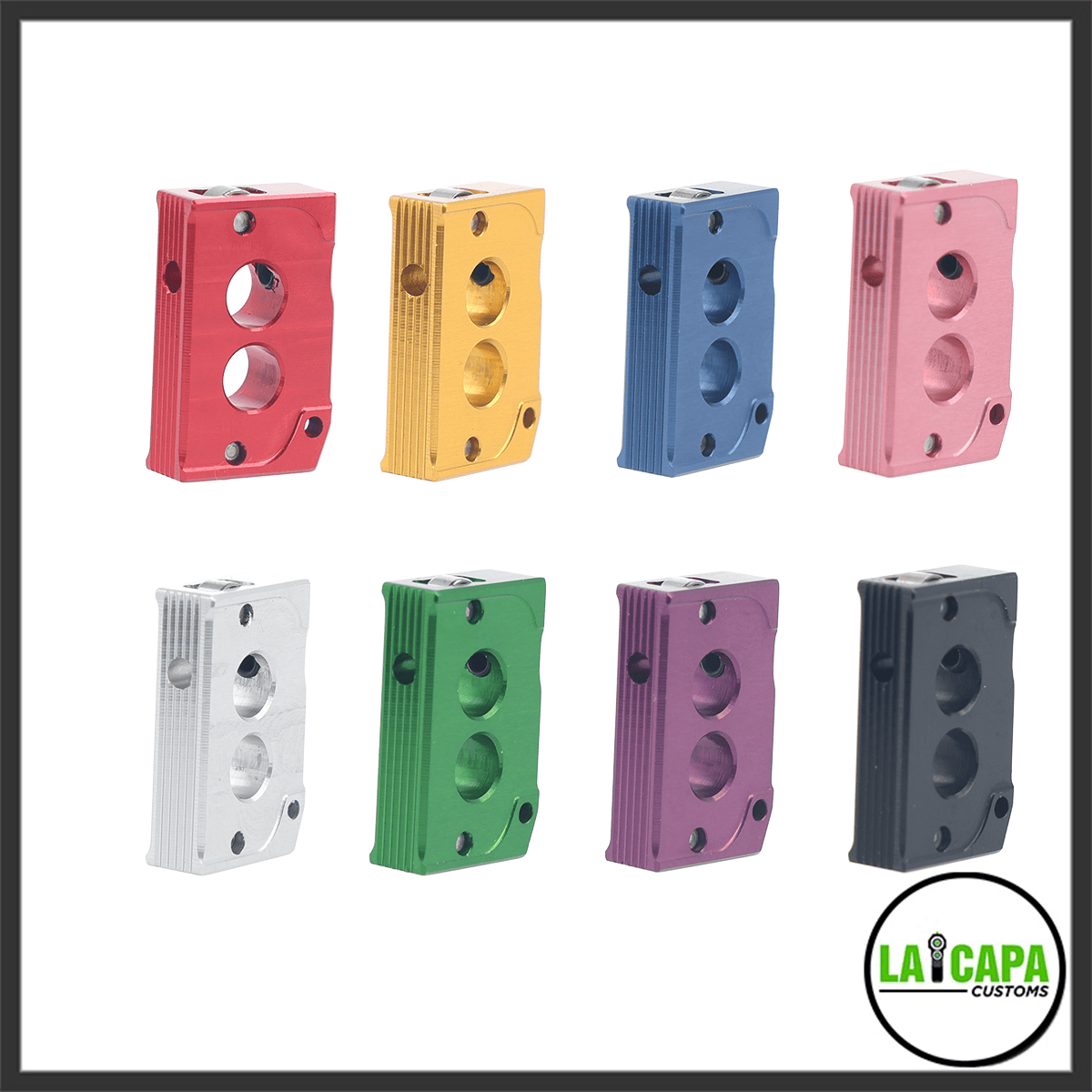 Airsoft Masterpiece Speed dual flat-hole trigger shoes displayed in eight anodized colors: red, gold, blue, pink, silver, green, purple, and black.