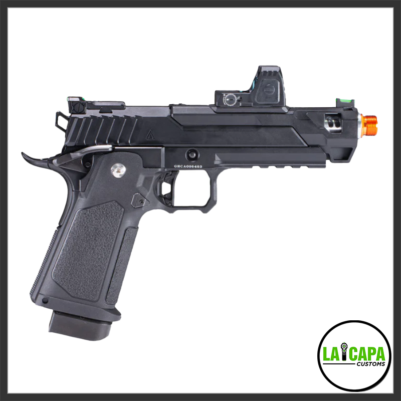 Arcturus Osprey 5-inch split-slide Hi-Capa airsoft pistol in black, left-side view showing optics-ready slide with mounted red dot sight and orange threaded muzzle.