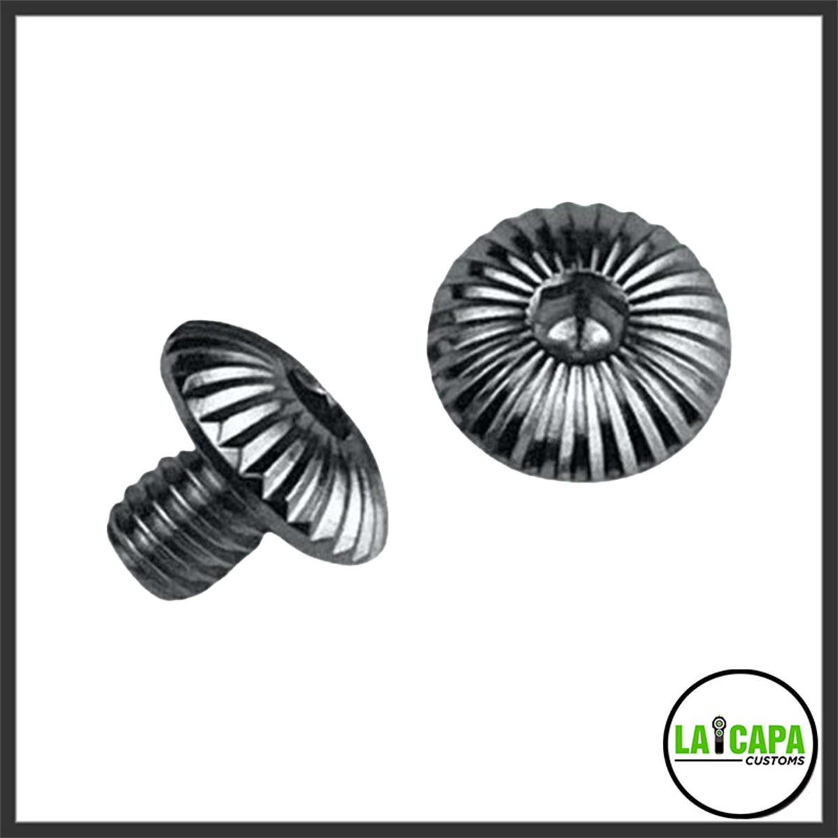 Two silver ribbed dome-head grip screws shown from the side and top, displaying the fluted decorative pattern on the screw head.