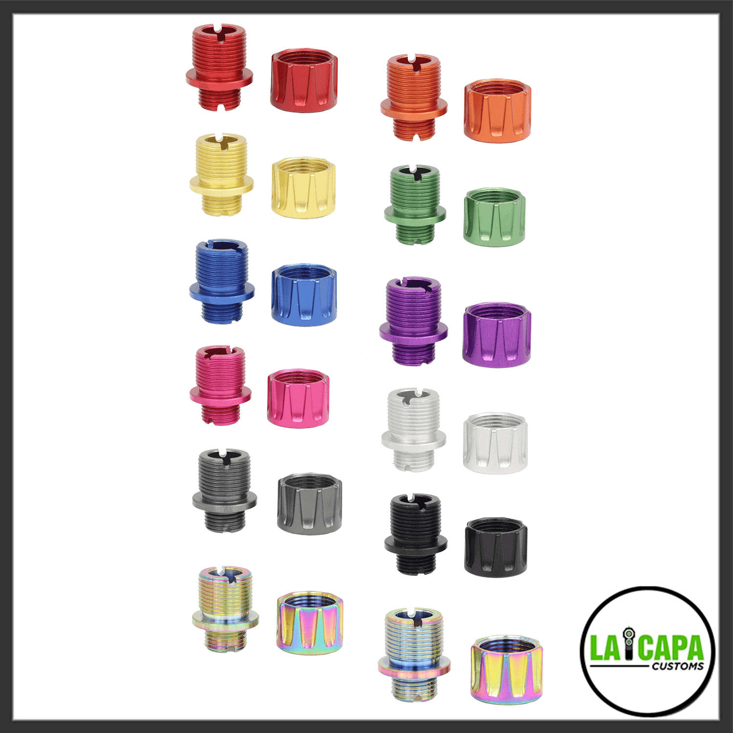 CowCow A01 thread adapters displayed in all colour options, each shown as a male adapter piece paired with its locking nut, including red, orange, yellow, green, blue, purple, pink, silver, grey, black and rainbow.