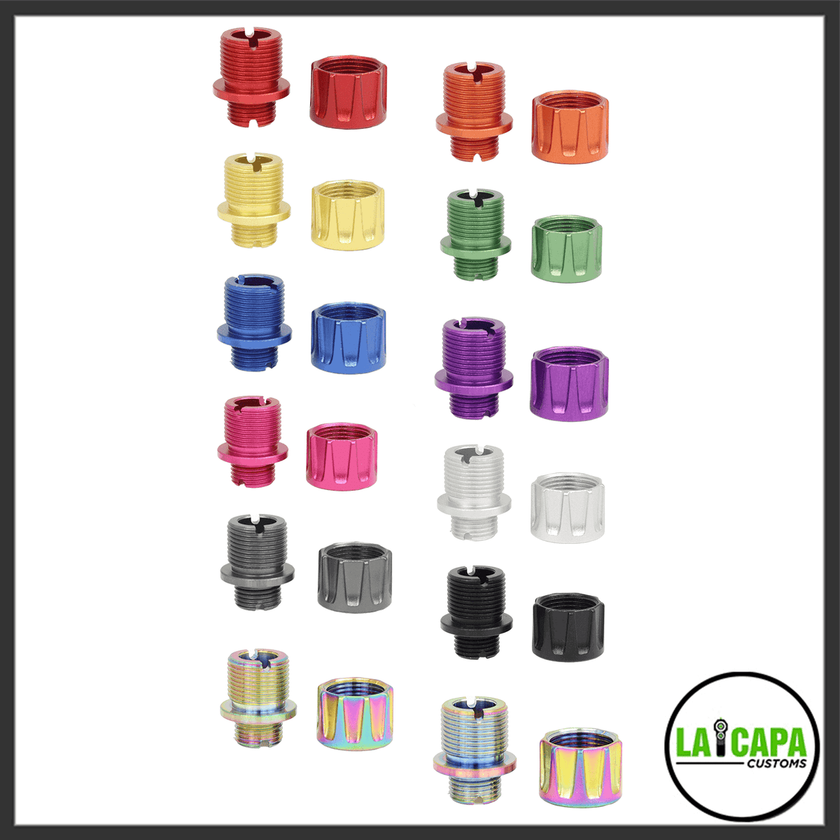 CowCow A01 thread adapters displayed in all colour options, each shown as a male adapter piece paired with its locking nut, including red, orange, yellow, green, blue, purple, pink, silver, grey, black and rainbow.
