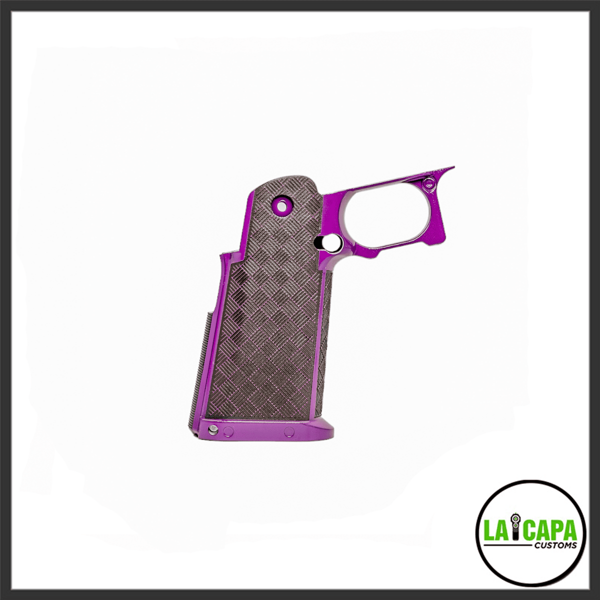 CY Capa Customs stippled grip in purple, showing the basket-weave pattern texture across the front strap and body, side view.