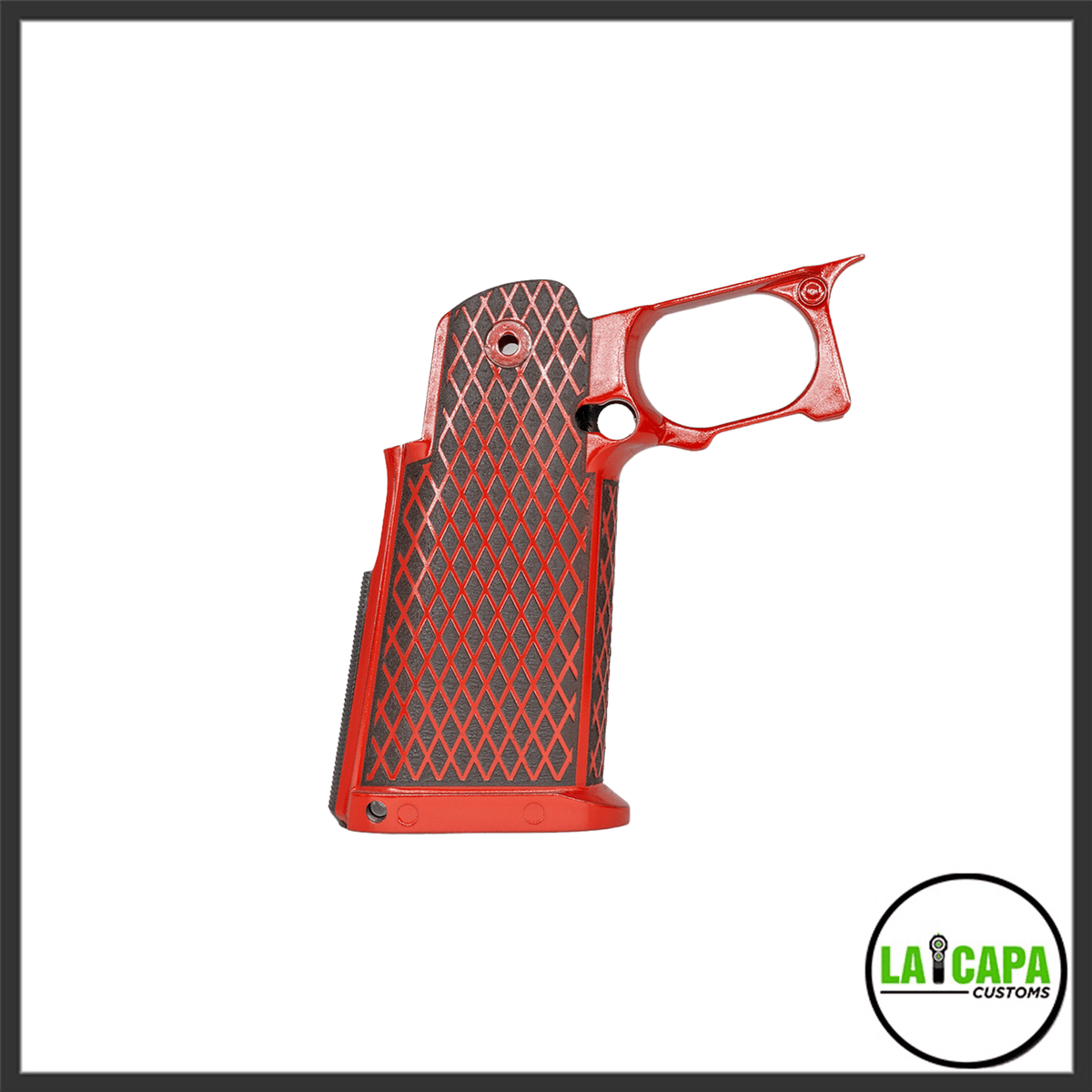 LA Capa Customs Hi-Capa grip in red with black diamond-pattern stippling, shown from the left side.