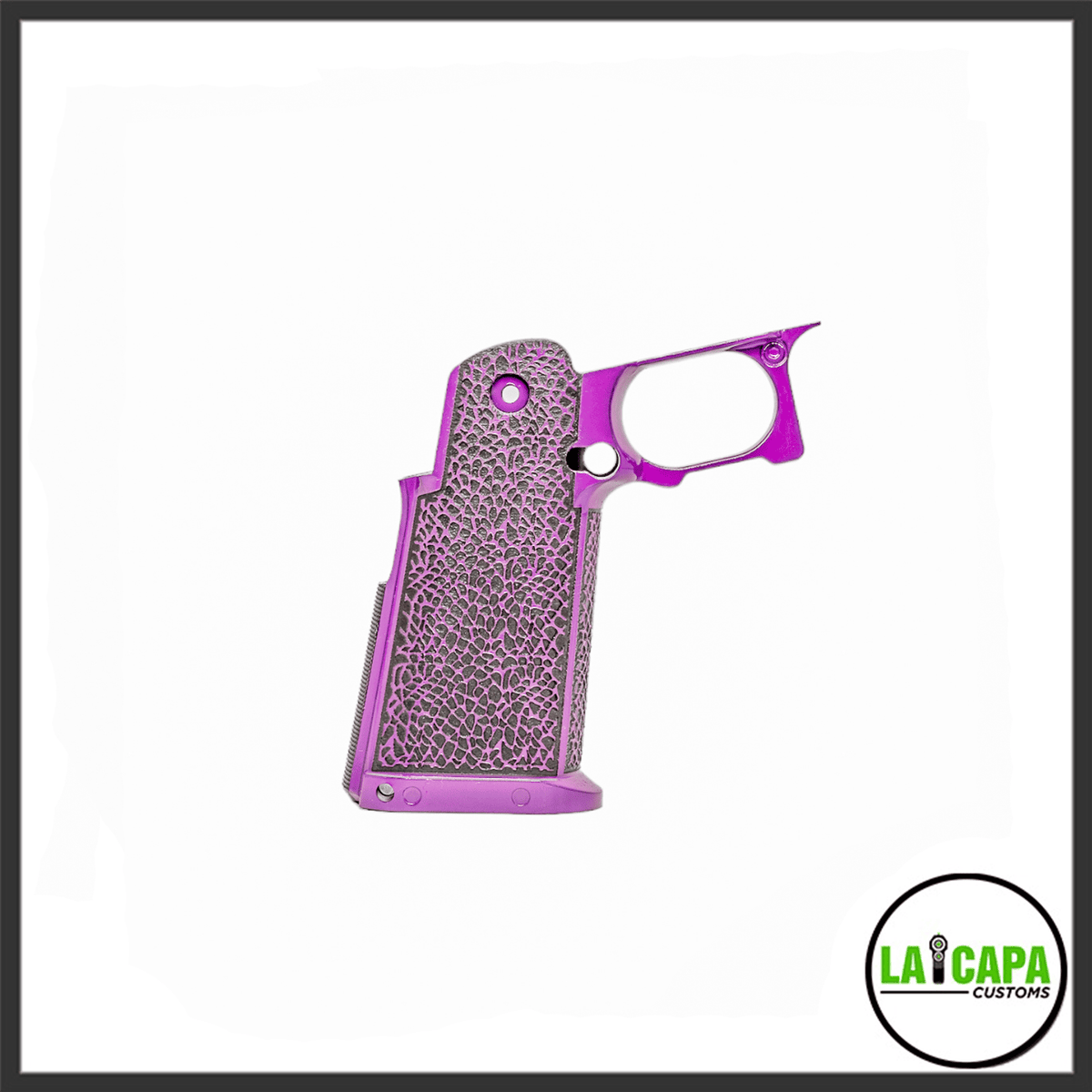 CY Capa Customs stippled grip in purple, showing the sea-sponge pattern texture across the front strap and body, side view.