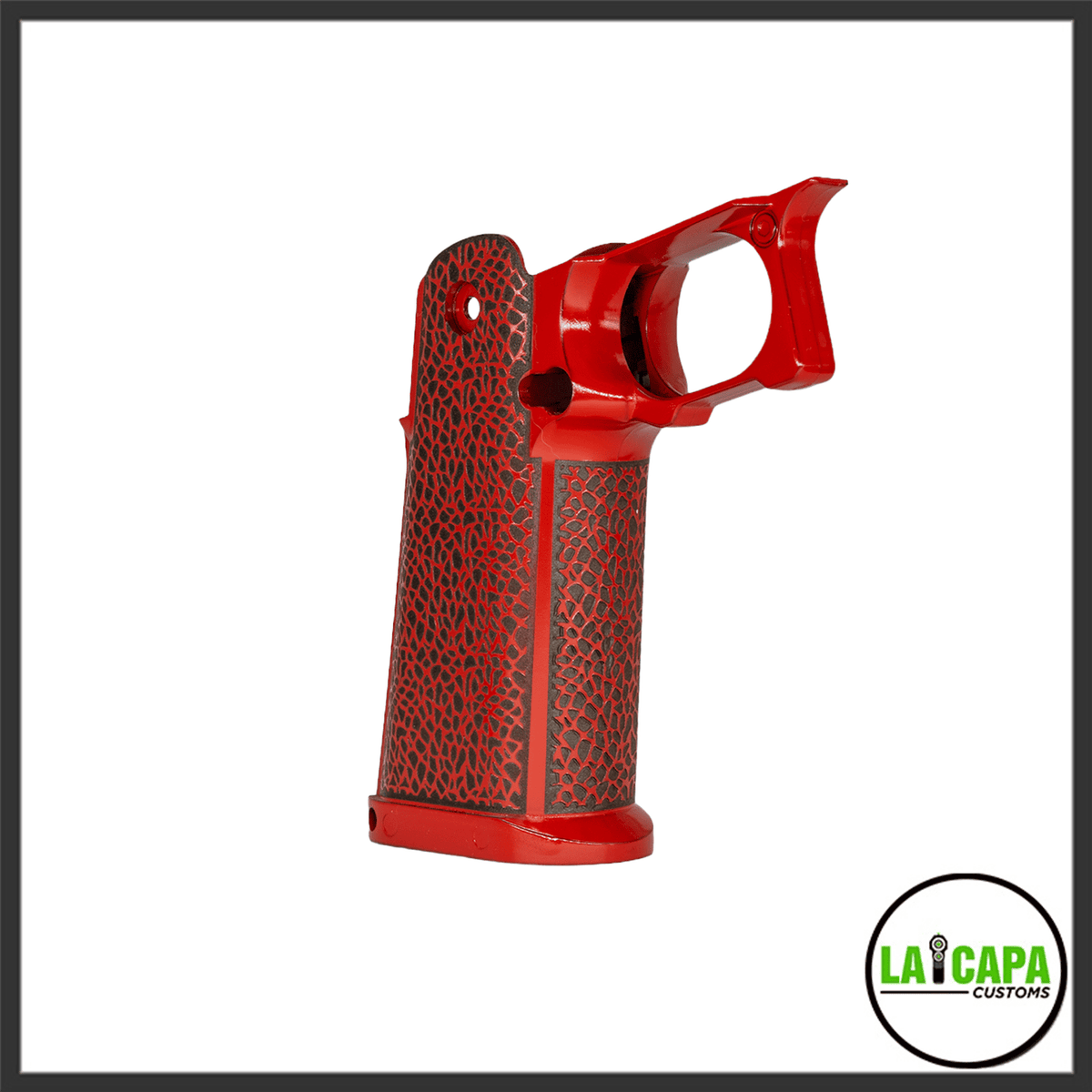 CY Capa Customs Hi-Capa grip in red with black sea sponge stipple pattern, shown from a front-angled view.