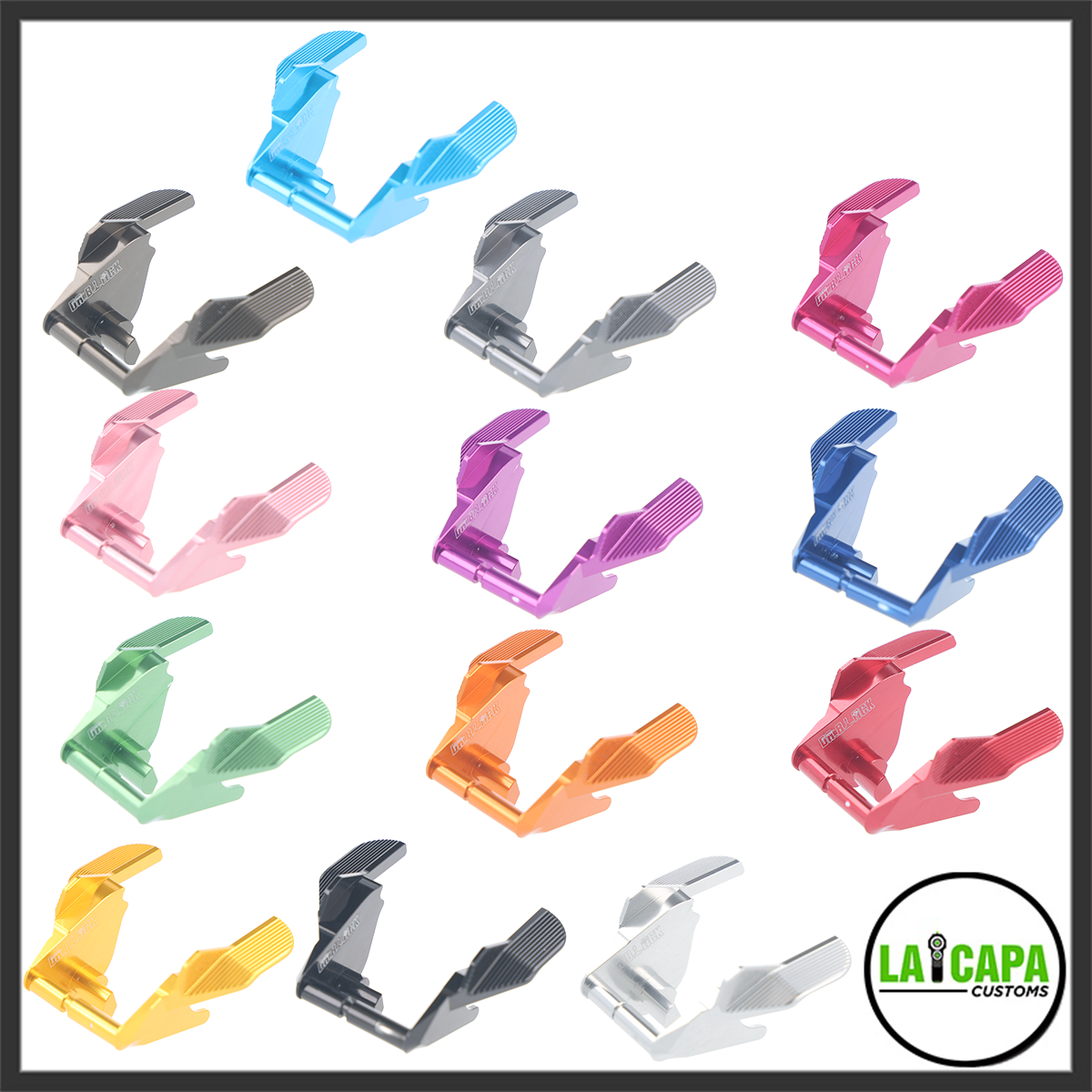 Dr. Black aluminum ambidextrous thumb safeties for Hi-Capa shown in twelve anodized colors including blue, gunmetal, silver, pink, light pink, purple, royal blue, green, orange, red, gold, black, and white.