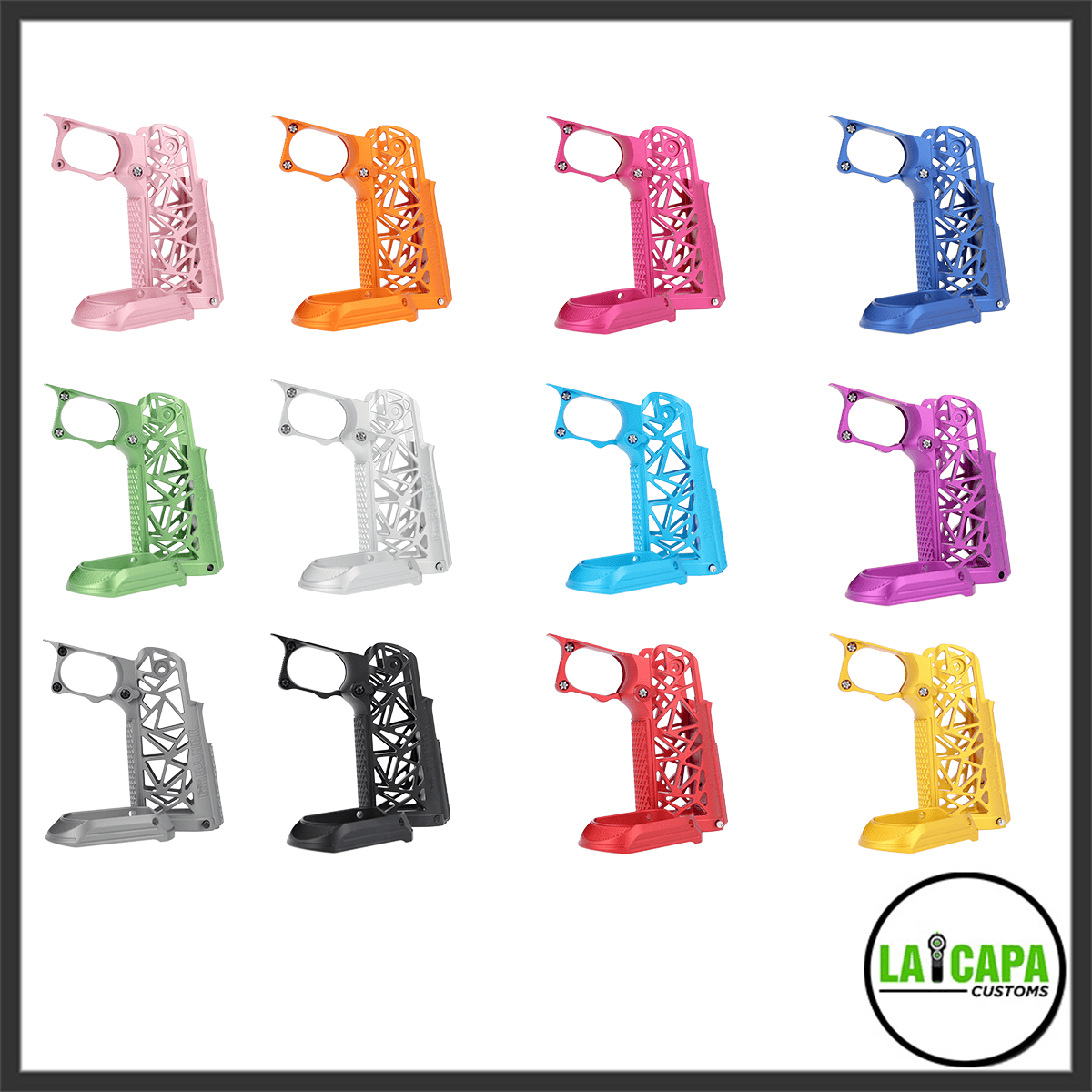 Dr. Black skeletonized Hi-Capa aluminum grips displayed in twelve anodized colours including pink, orange, magenta, blue, green, white, cyan, purple, grey, black, red and yellow.