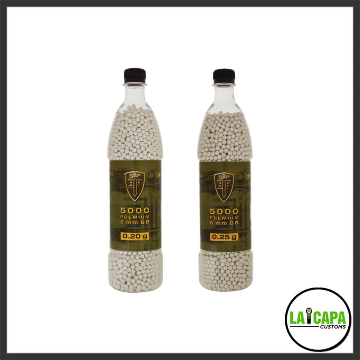 Two Elite Force 5000-count bottles of 6mm premium BBs side by side, labelled 0.20g on the left and 0.25g on the right.