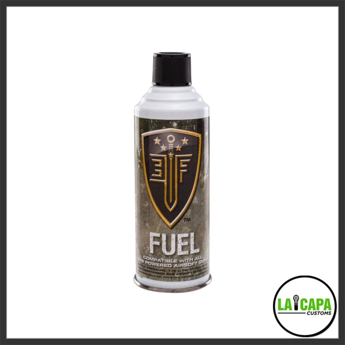 Elite Force Fuel green gas can, labelled compatible with all gas-powered airsoft guns, shown front-facing.