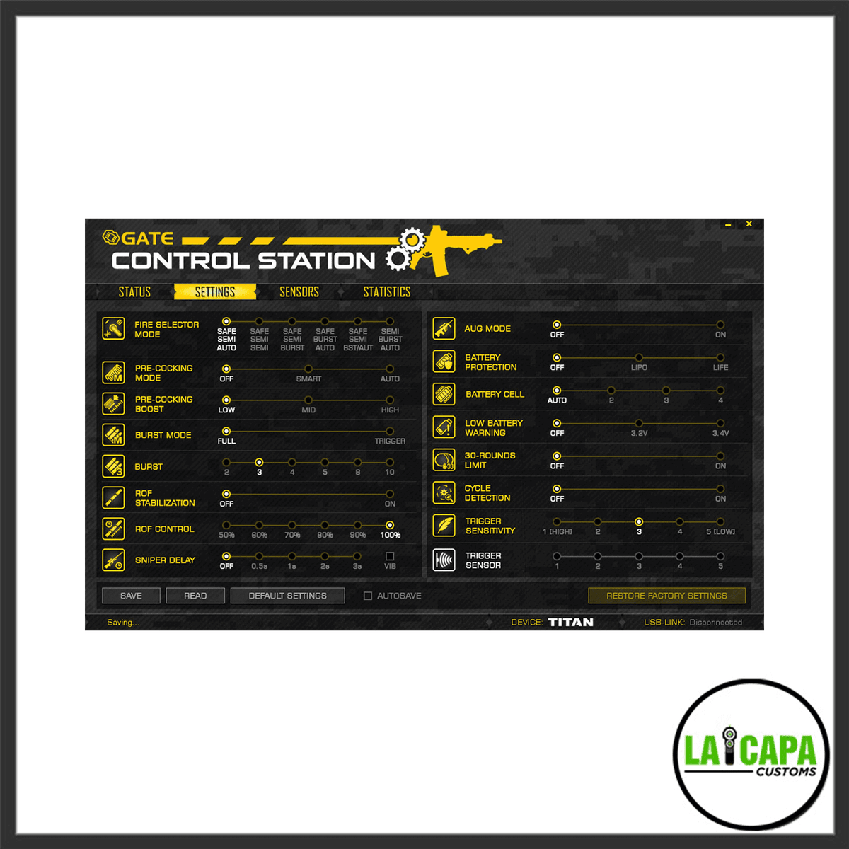 Gate Control Station software Settings screen for the Titan MOSFET, showing fire selector, pre-cocking, burst, ROF, trigger sensitivity, and battery protection options.