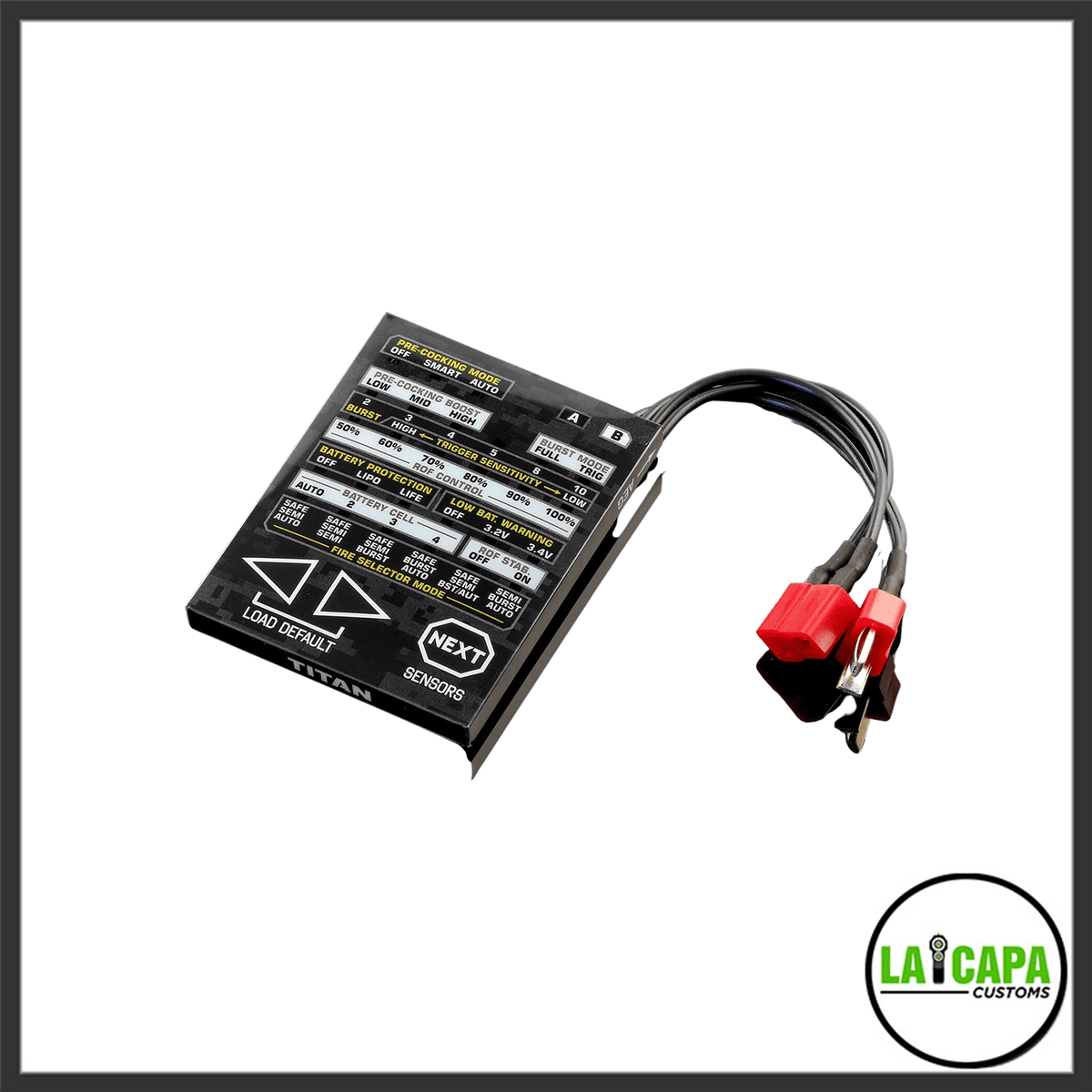 Gate Titan V2 MOSFET programming card showing fire selector, burst, ROF and battery protection settings, with rear-wired Deans and connector leads attached.