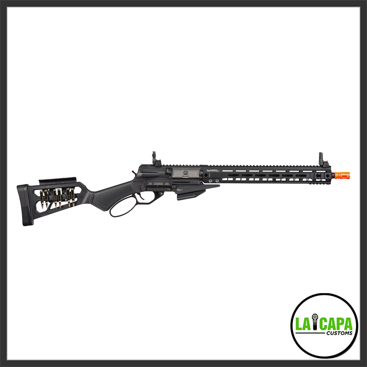 G&G LEVAR15 lever-action airsoft rifle in black, showing full left-side profile with M-LOK handguard, shell holders on the stock, and orange muzzle tip.