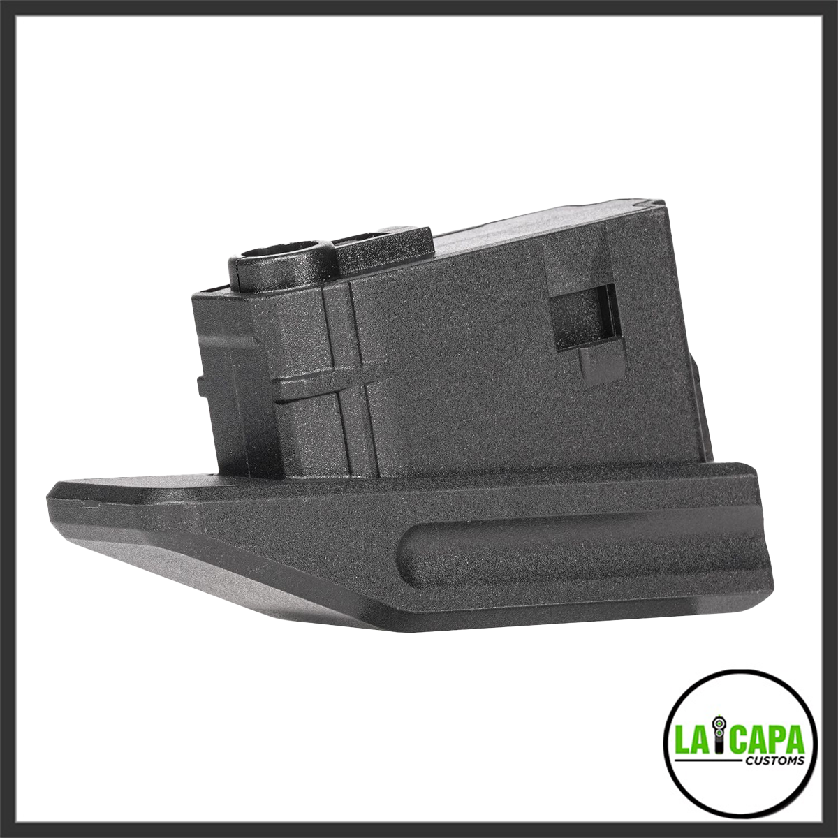 Black airsoft M4 magazine with a wide flared base plate attached, shown at an angle on a white background.