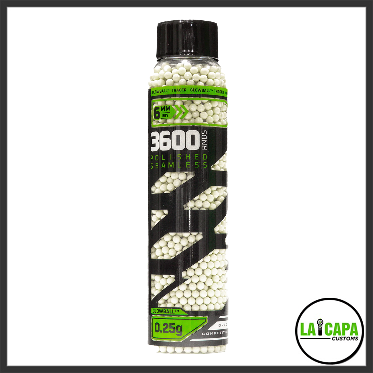 Glowball Tracer 0.25g polished seamless 6mm airsoft BBs in a clear bottle containing 3600 rounds, with a black and green label.