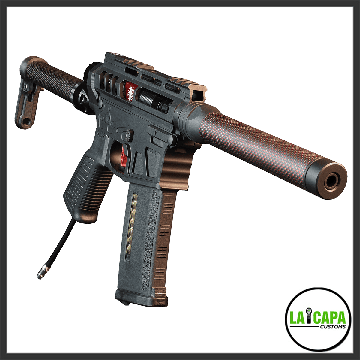 Heretic Labs Article III MTW HPA airsoft rifle in carbon red and black, shown at an angle with suppressor, folding stock, and HPA line attached.