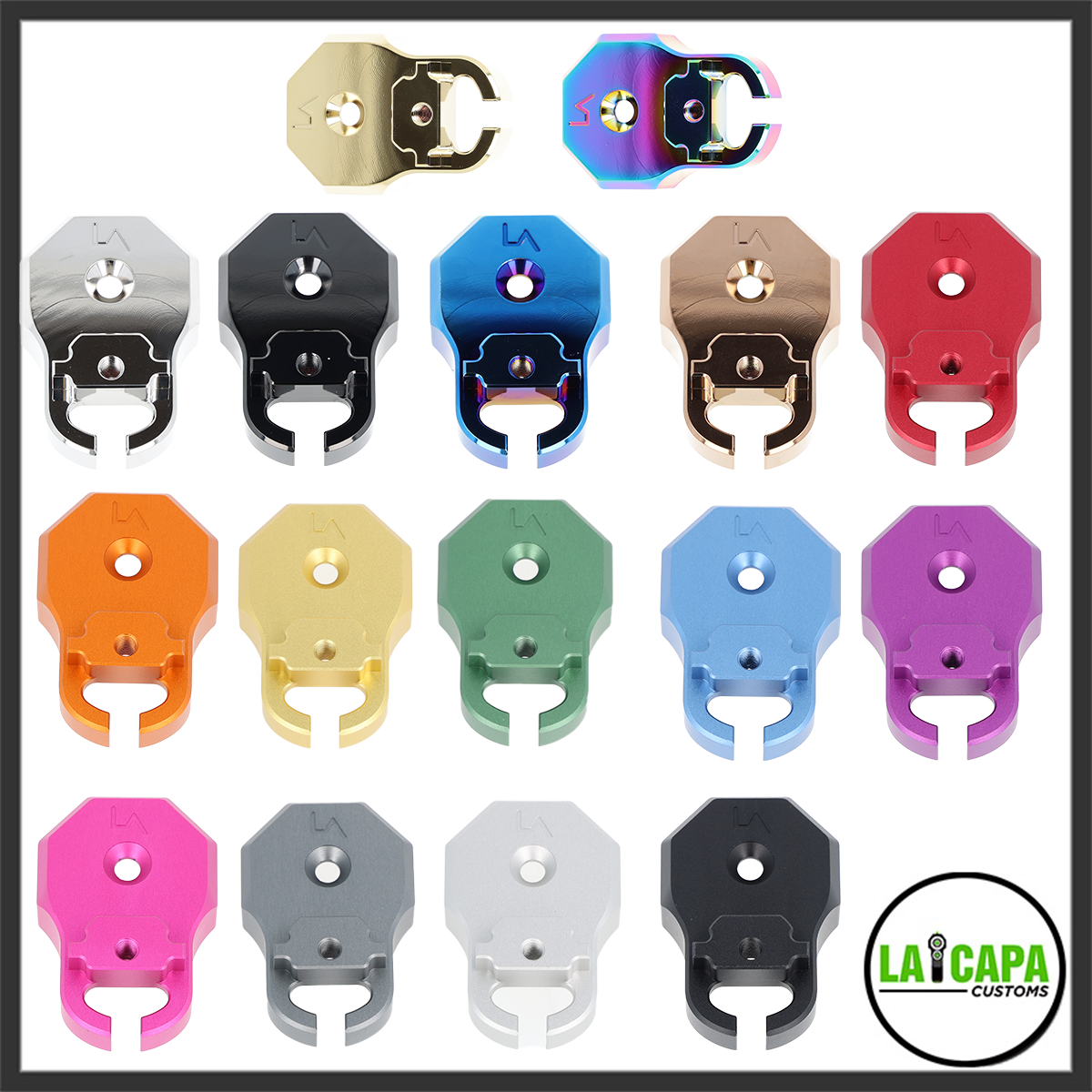 Heretic Labs drop stock adapter shown in all available anodized color options, including silver, black, blue, tan, red, orange, gold, green, light blue, purple, pink, grey, white, and rainbow.