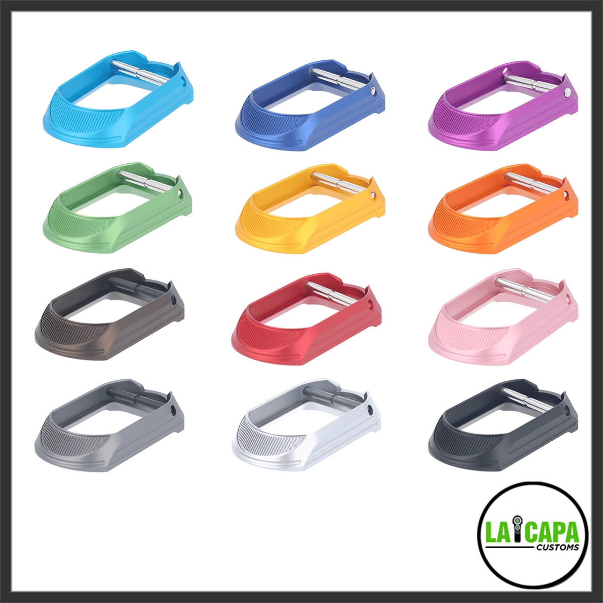 Hi Capa magwells shown in twelve anodised colour options including blue, navy, purple, green, gold, orange, gunmetal, red, pink, silver, white and dark grey.