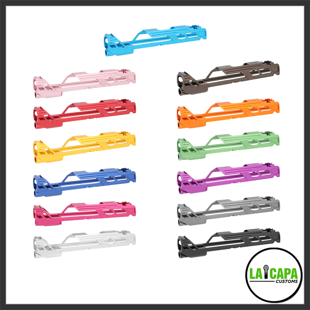 All available colour variants of the skeletonised Hi-Capa slide laid out in two columns, including blue, pink, red, yellow, cobalt, hot pink, white, brown, orange, green, purple, grey and black.