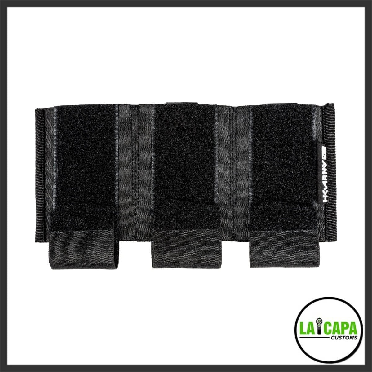 HK Army AR Mag Cell 3-cell pouch in black, front view showing three velcro-retention slots and pull tabs, empty.