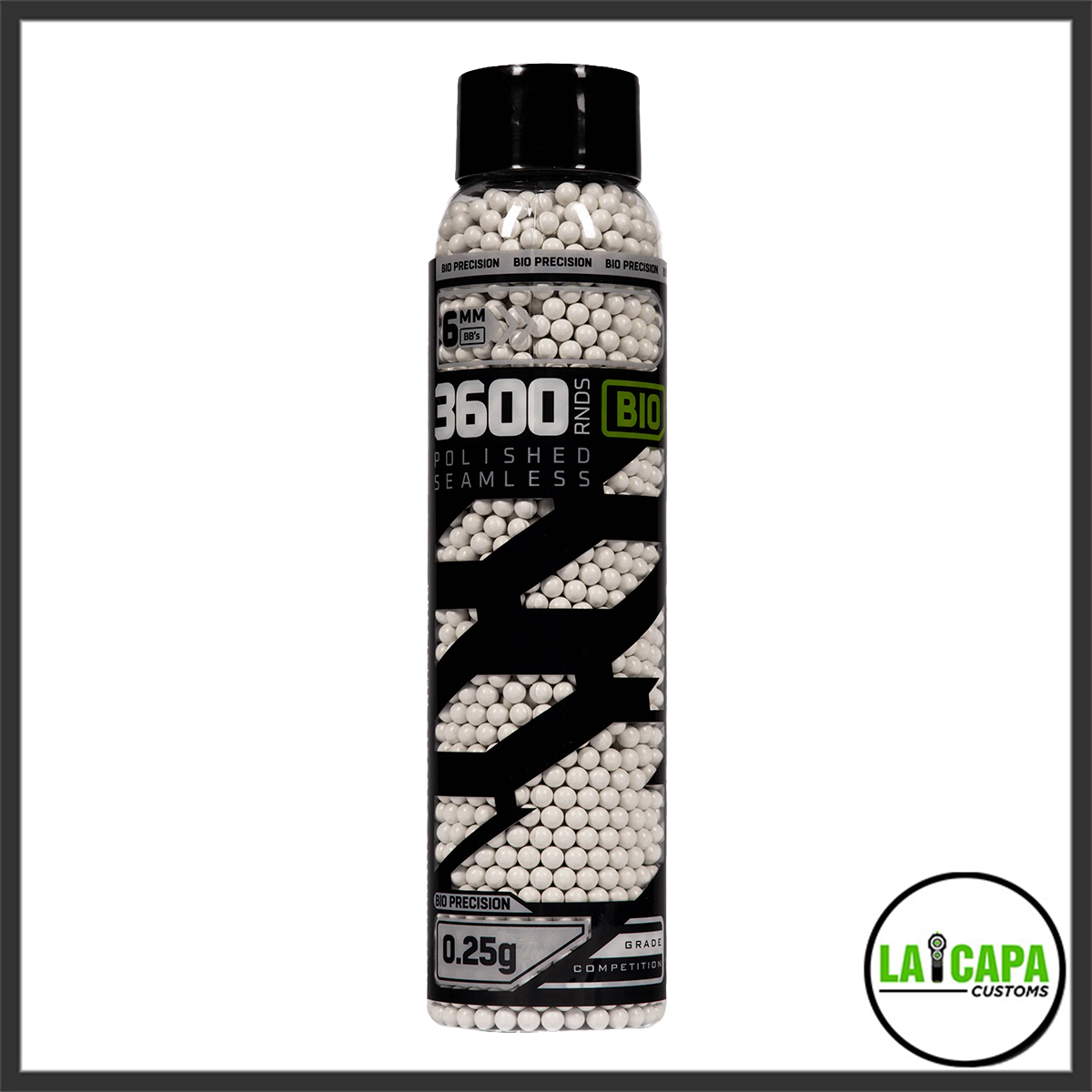 HK Army Bio Precision 0.25g 6mm airsoft BBs in a clear 3600-round bottle, polished seamless, competition grade.