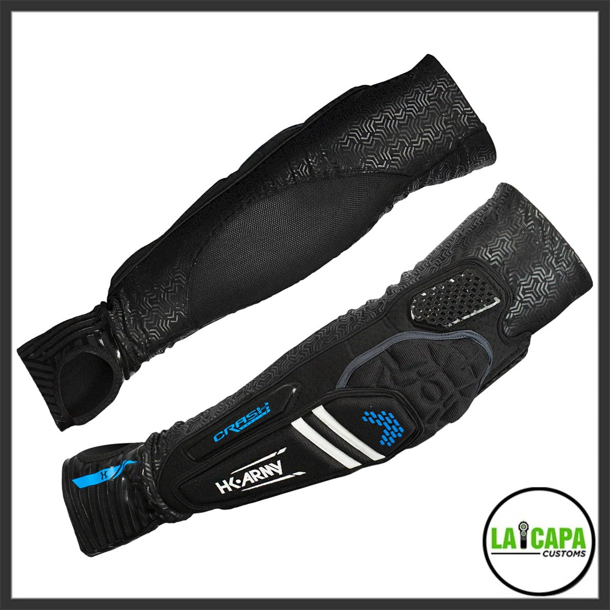 Pair of HK Army Crash arm pads in black and blue, showing the padded inner face on one and the textured outer shell with elbow cap on the other.