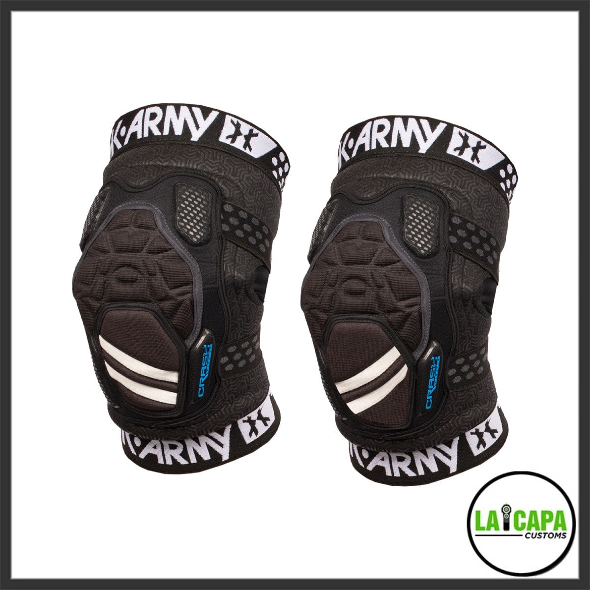 Pair of HK Army CTX knee pads in black, showing molded padding, mesh ventilation panels, and branded elastic bands top and bottom.