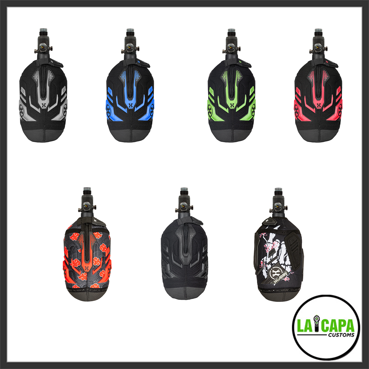 HK Army Hardline Armored tank cover shown in seven colour options: grey, blue, green, red, red cloud print, solid black and samurai print.