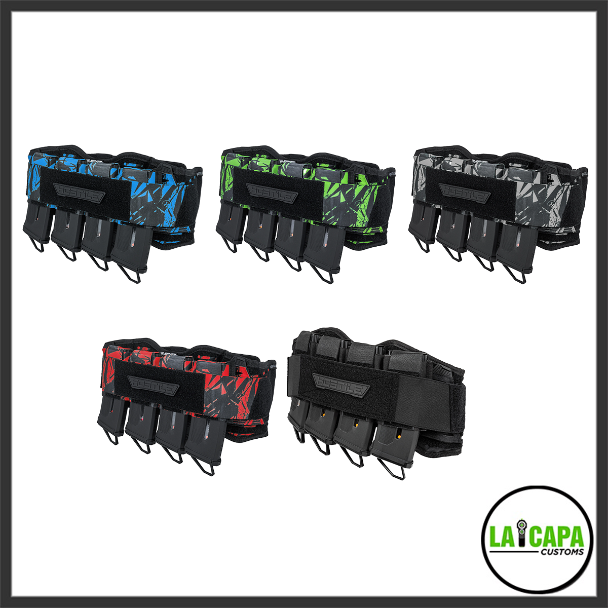 HK Army Hostile Synapse Flex Belt shown in all five colour options: blue camo, green camo, grey camo, red camo and solid black, each loaded with four pod inserts.