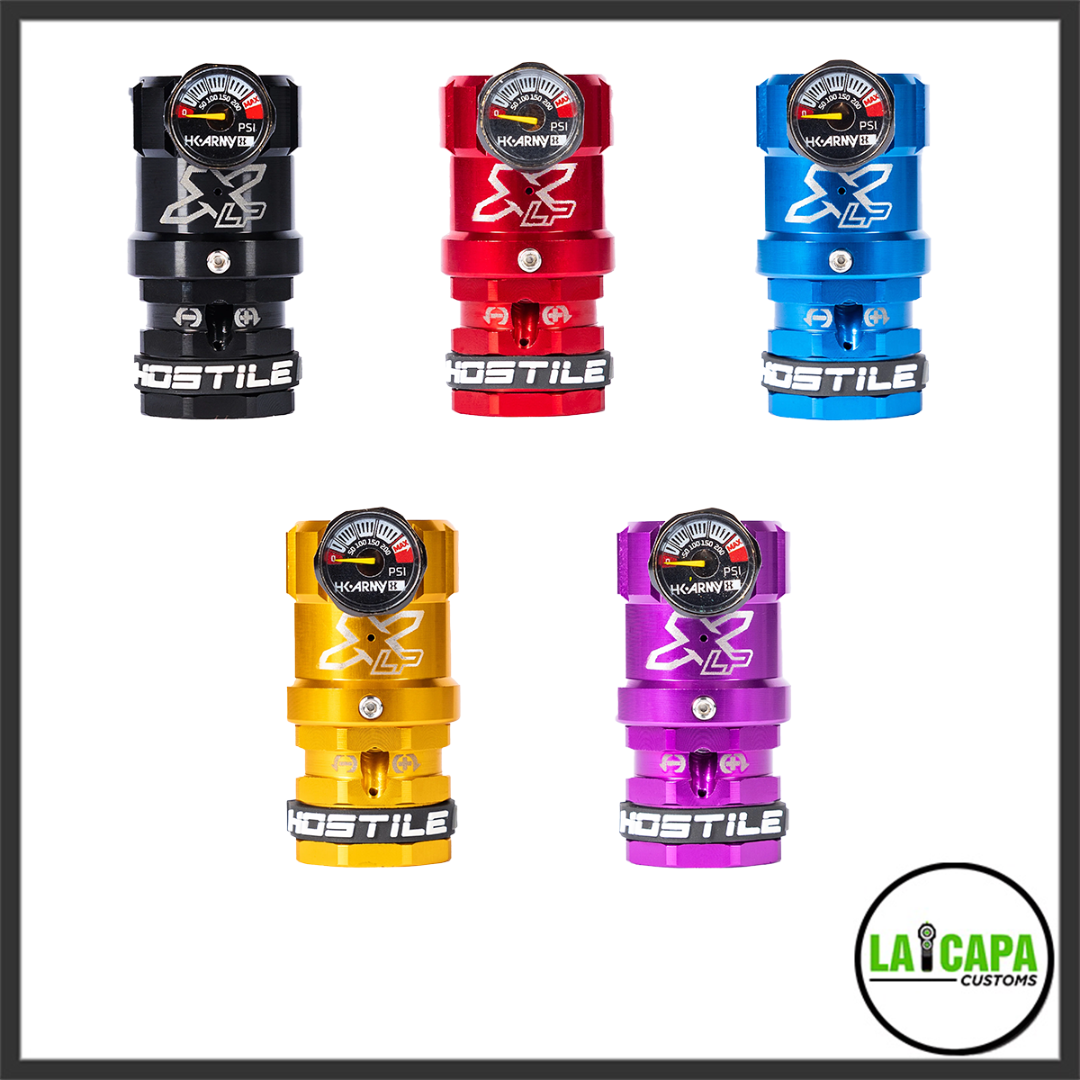 HK Army Hostile XLP on-tank regulator shown in all five colour options: black, red, blue, gold and purple.
