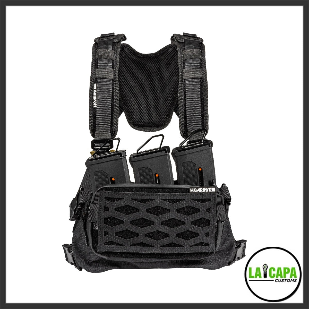 HK Army Sector Chest Rig in black, rear view showing padded mesh back panel, shoulder straps and three loaded magazine pouches.