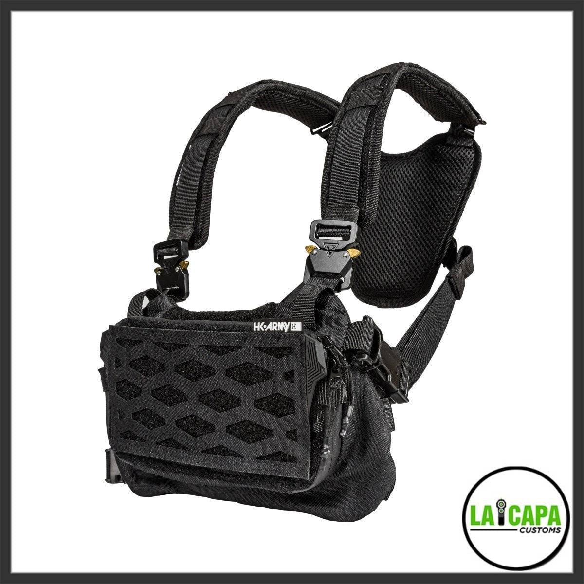 HK Army Sector chest rig in black, three-quarter view showing padded shoulder straps, quick-release buckles and front pod pouch with diamond-pattern panel.