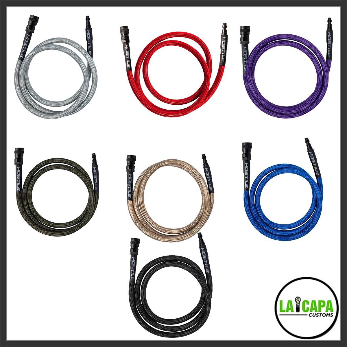 HK Army Hostile braided HPA line shown in seven color options: grey, red, purple, olive, tan, blue, and black, each coiled with black quick-disconnect fittings at both ends.