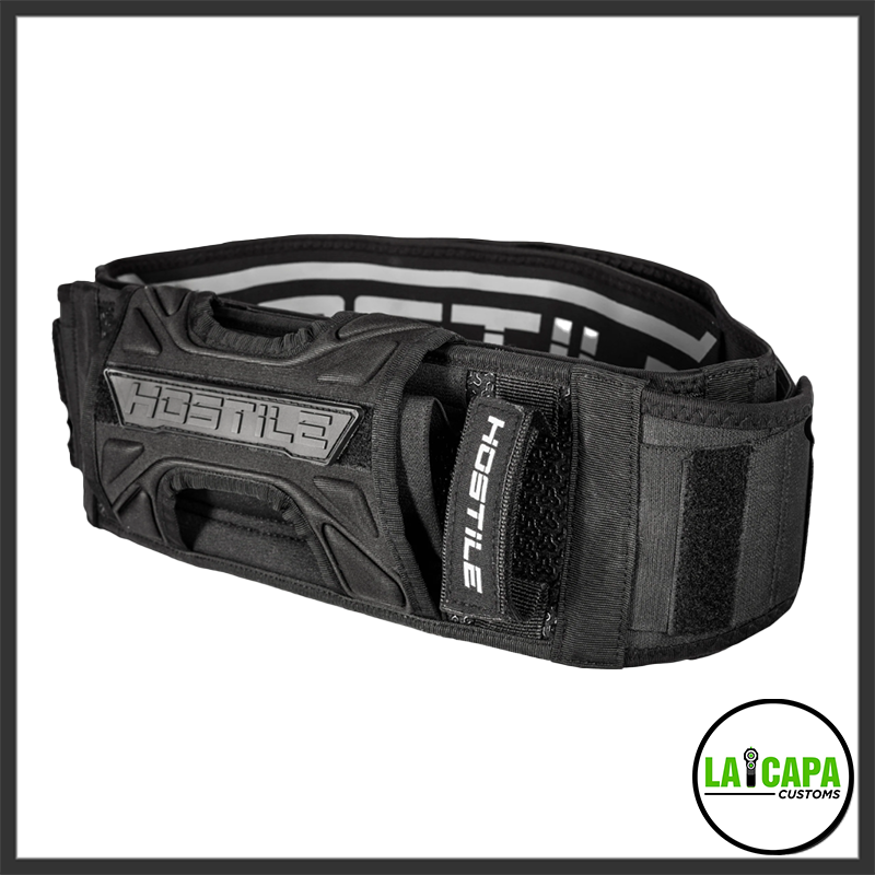 Black Hostile-branded padded airsoft battle belt with velcro closure and integrated holster attachment, shown from the front at an angle.