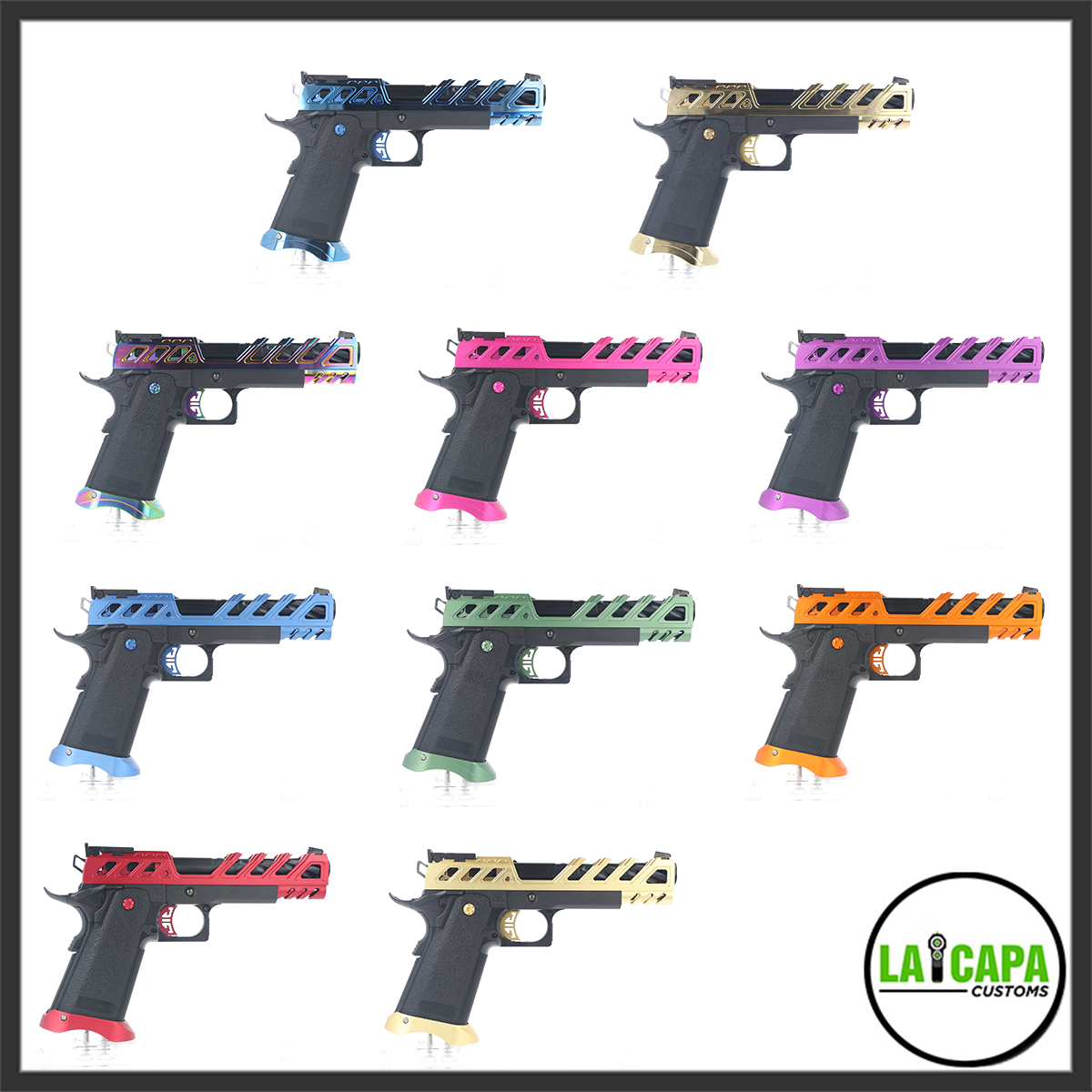 LA Capa Customs The Advanced Hi Capa prebuild pistol shown in ten colour variants including blue, gold, rainbow, pink, purple, green, orange, red and tan, all with a skeletonised slide and black frame.